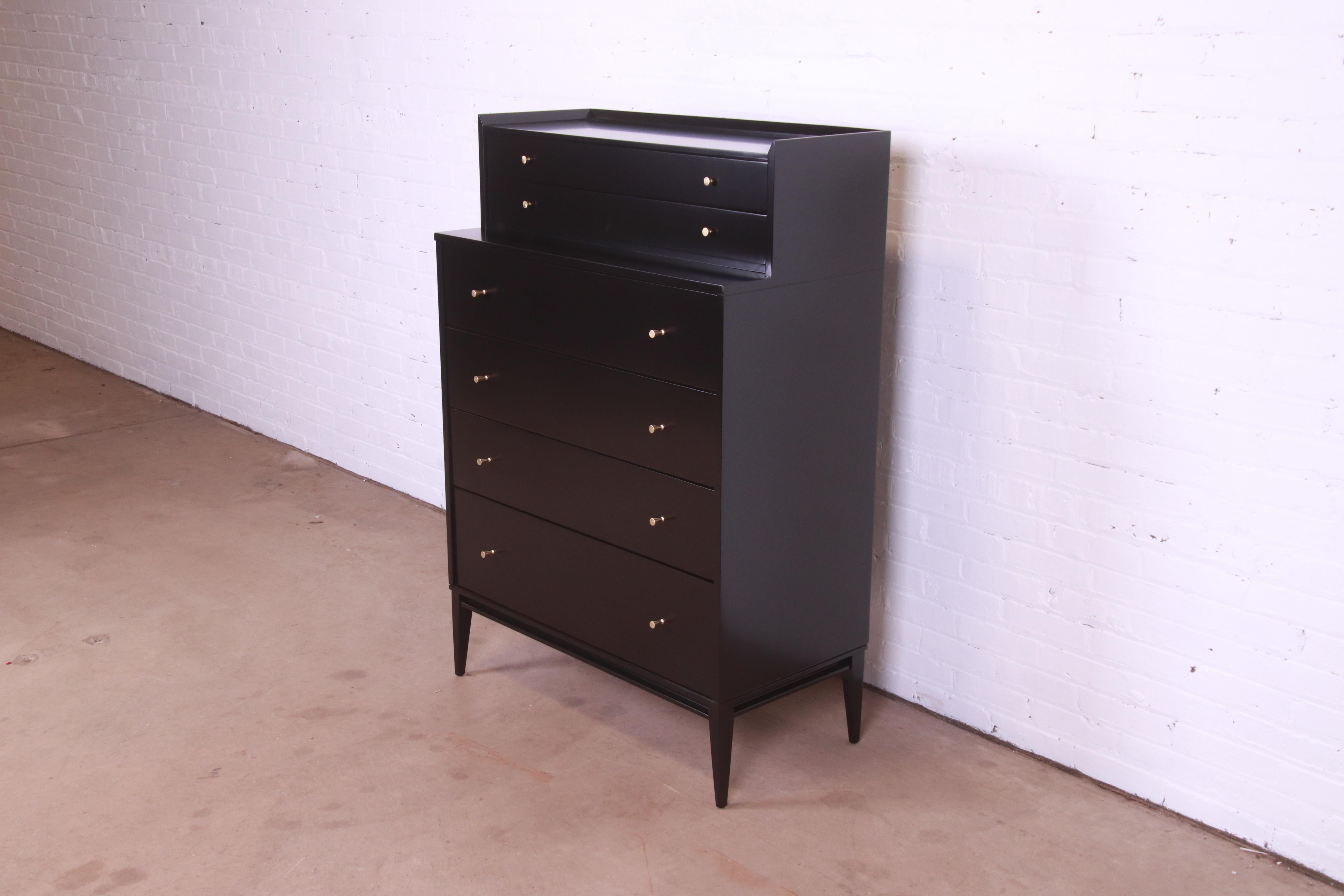 Mid-Century Modern Paul McCobb Planner Group Black Lacquered Highboy Dresser, Newly Refinished