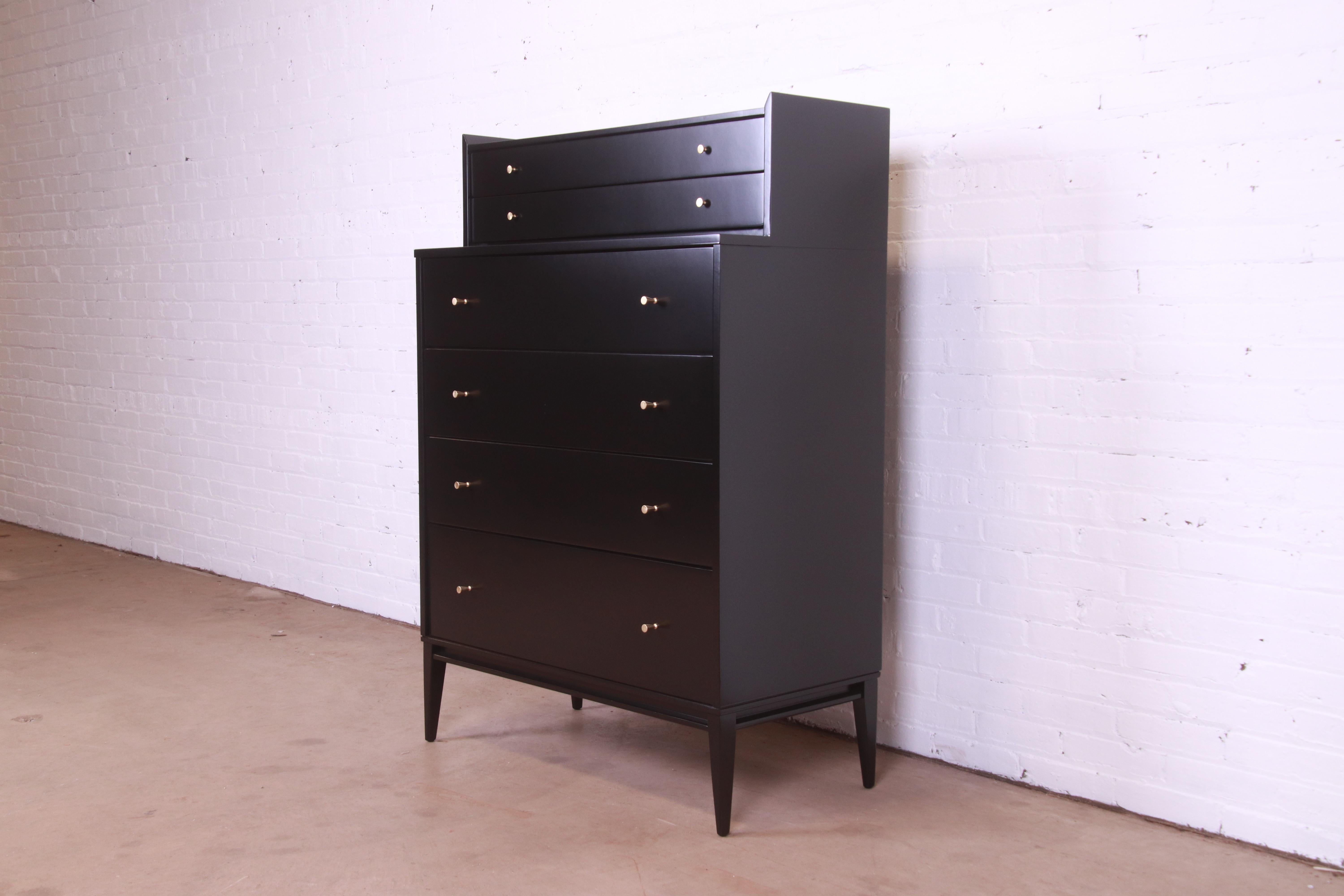 American Paul McCobb Planner Group Black Lacquered Highboy Dresser, Newly Refinished