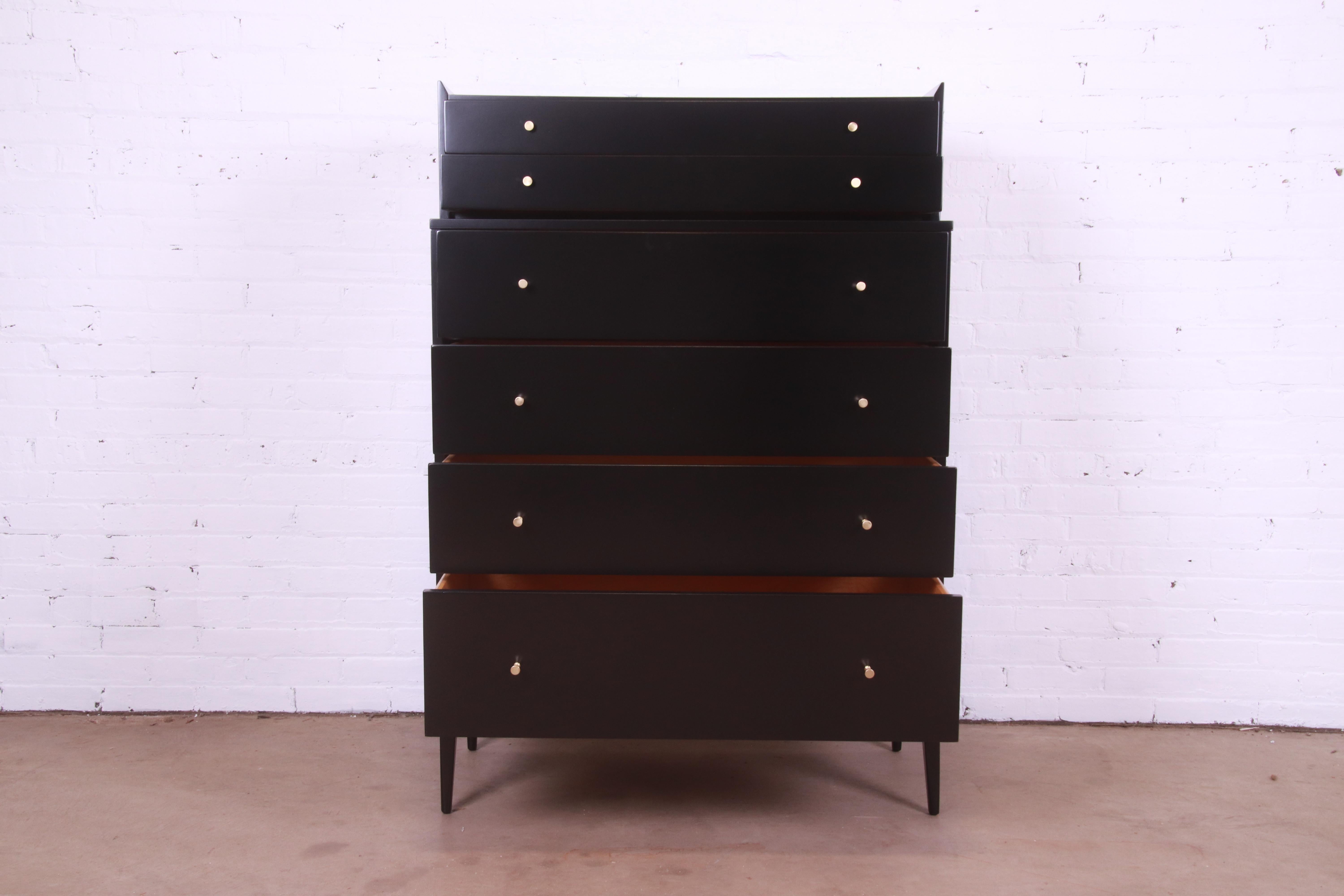 Paul McCobb Planner Group Black Lacquered Highboy Dresser, Newly Refinished In Good Condition In South Bend, IN