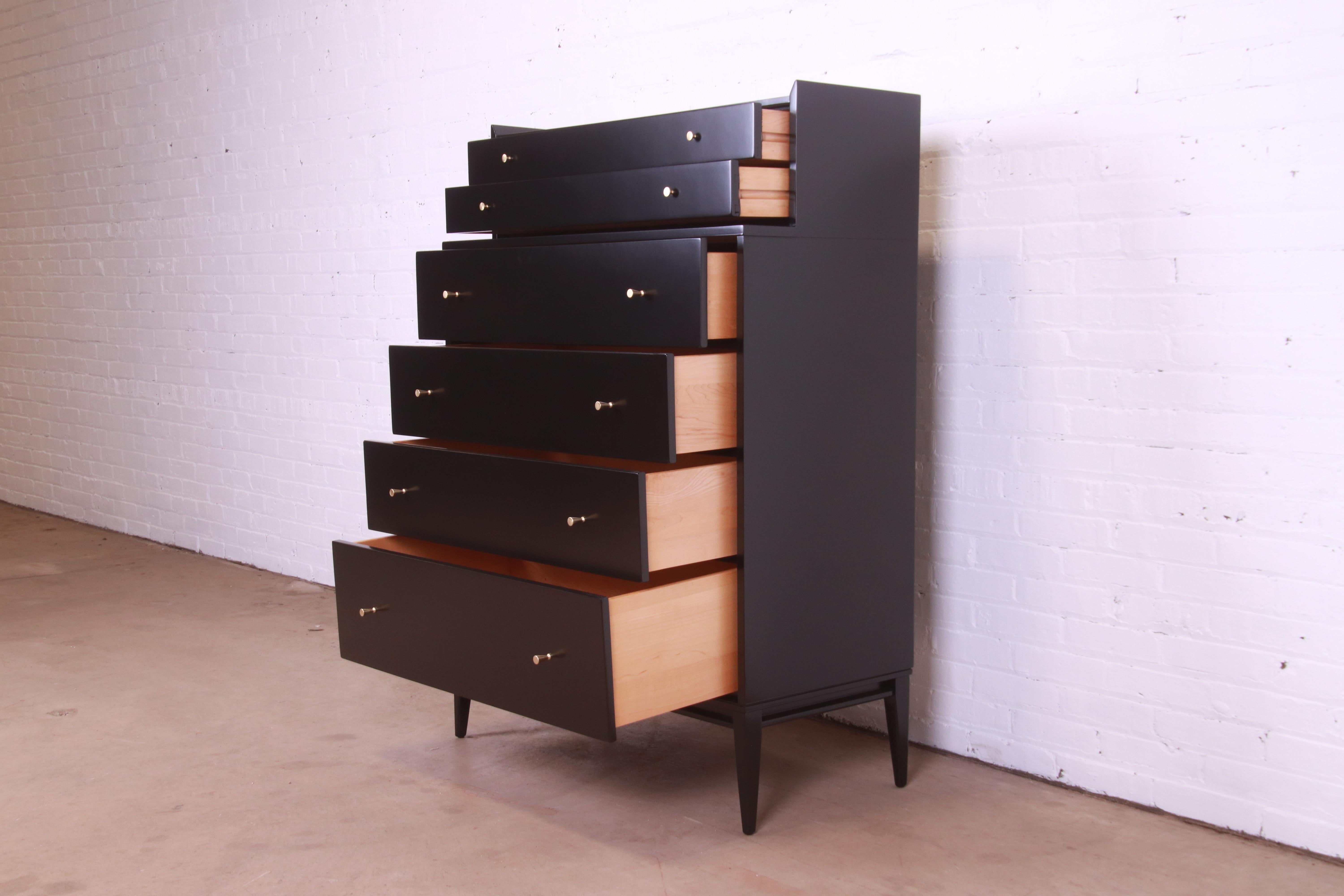 Mid-20th Century Paul McCobb Planner Group Black Lacquered Highboy Dresser, Newly Refinished