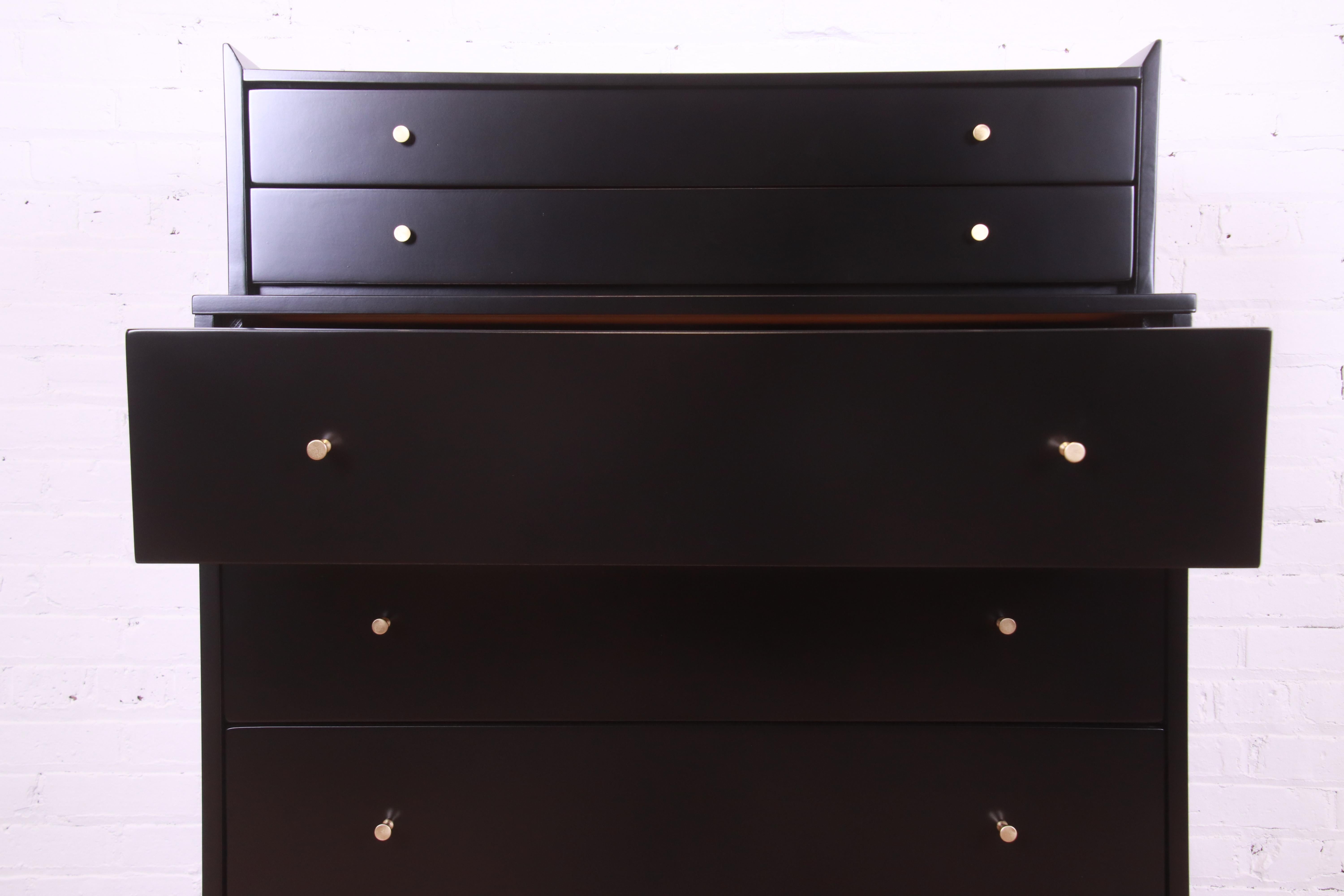 Brass Paul McCobb Planner Group Black Lacquered Highboy Dresser, Newly Refinished