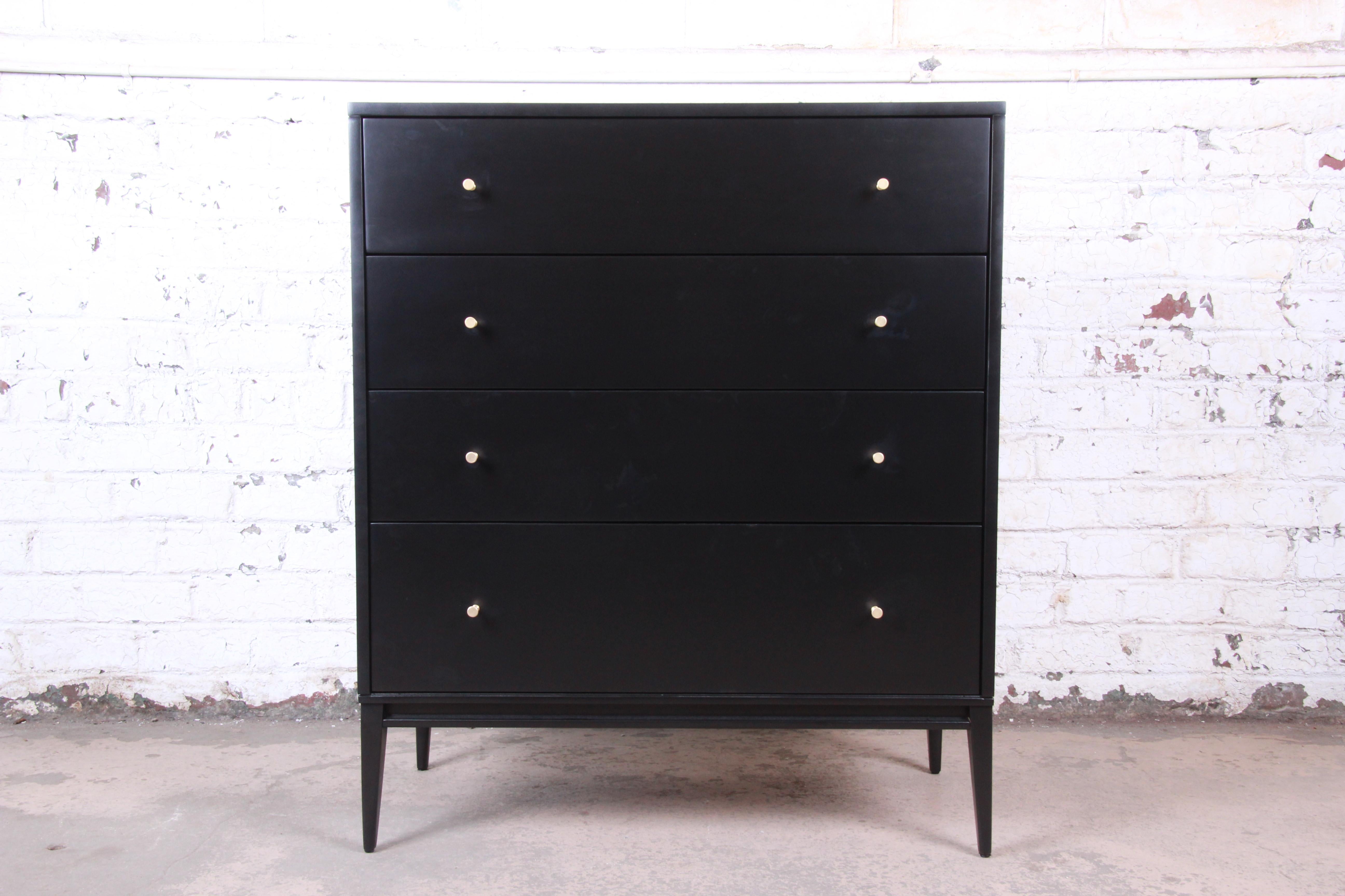 Mid-Century Modern Paul McCobb Planner Group Black Lacquered Highboy Dresser, Newly Restored