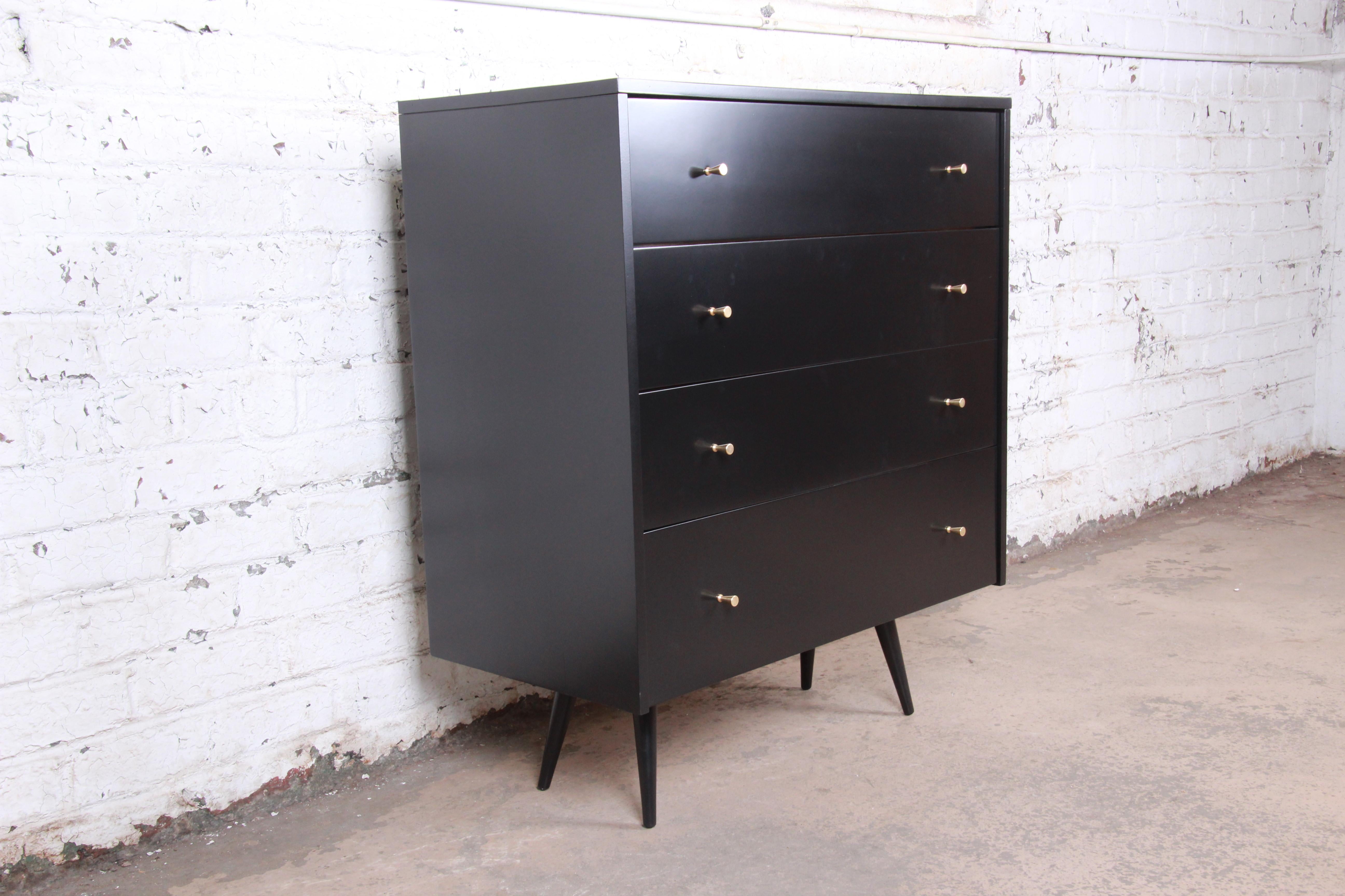 American Paul McCobb Planner Group Black Lacquered Highboy Dresser, Newly Restored