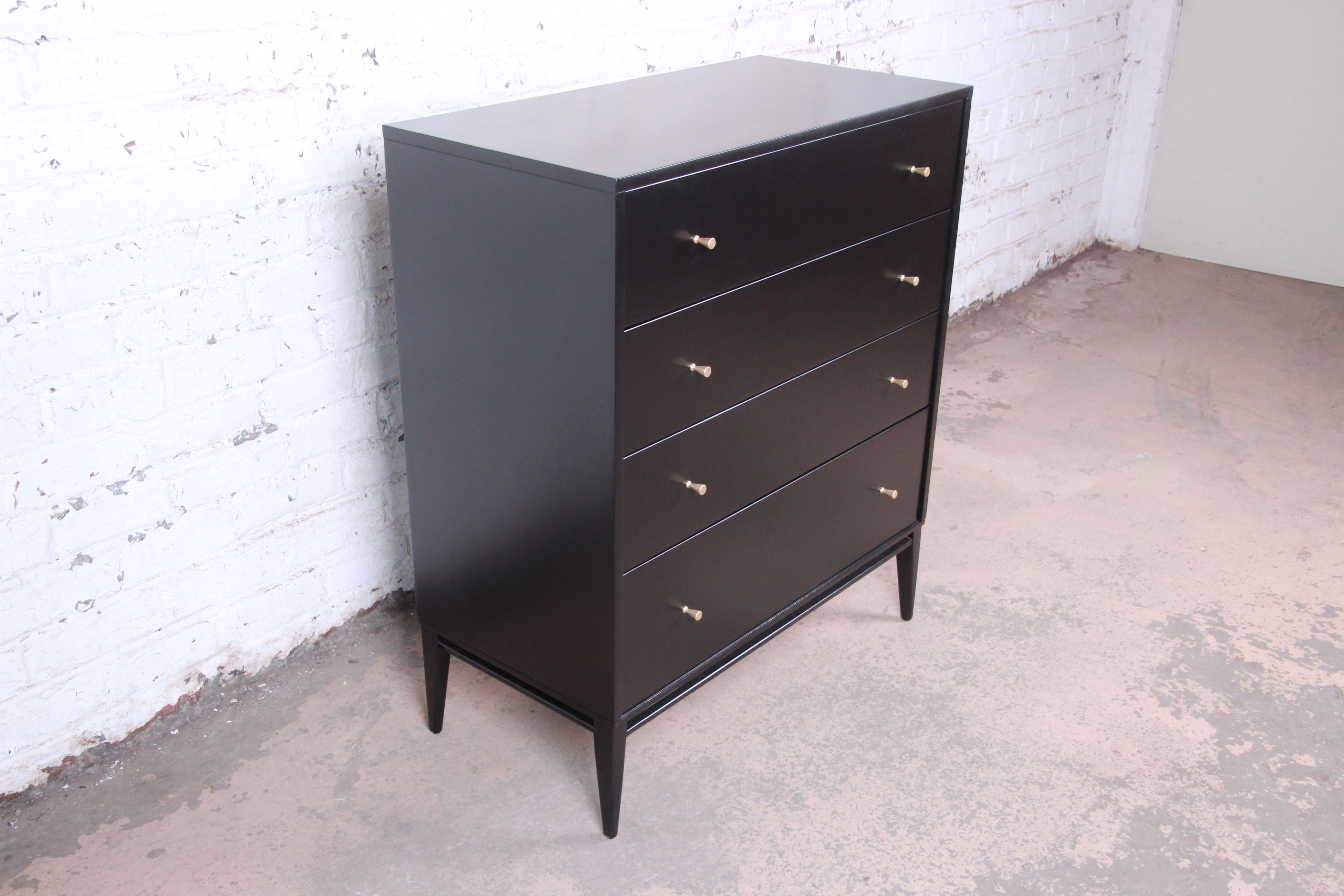 American Paul McCobb Planner Group Black Lacquered Highboy Dresser, Newly Restored