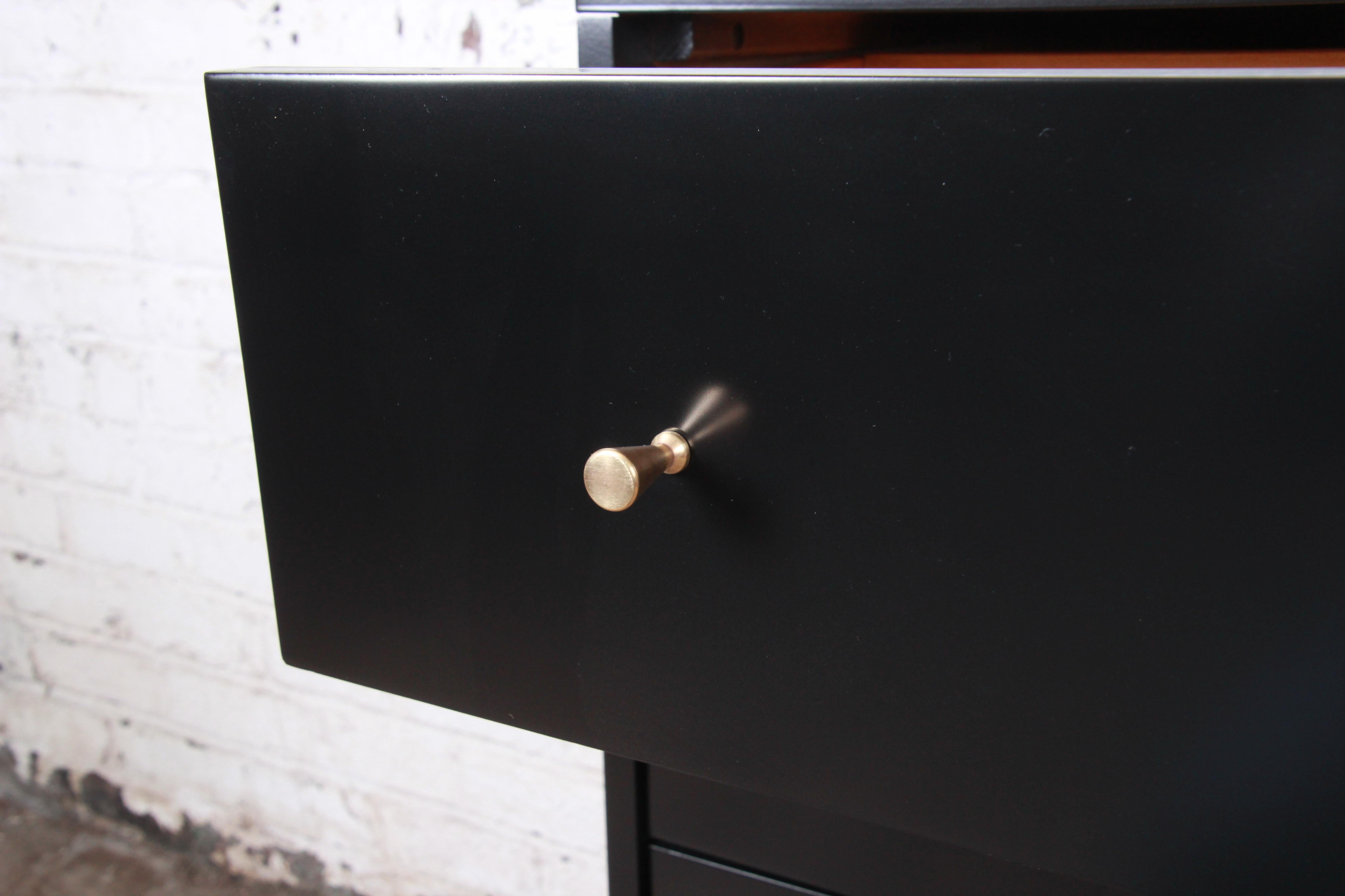 Brass Paul McCobb Planner Group Black Lacquered Highboy Dresser, Newly Restored