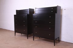 Paul McCobb Planner Group Black Lacquered Highboy Dressers, Pair