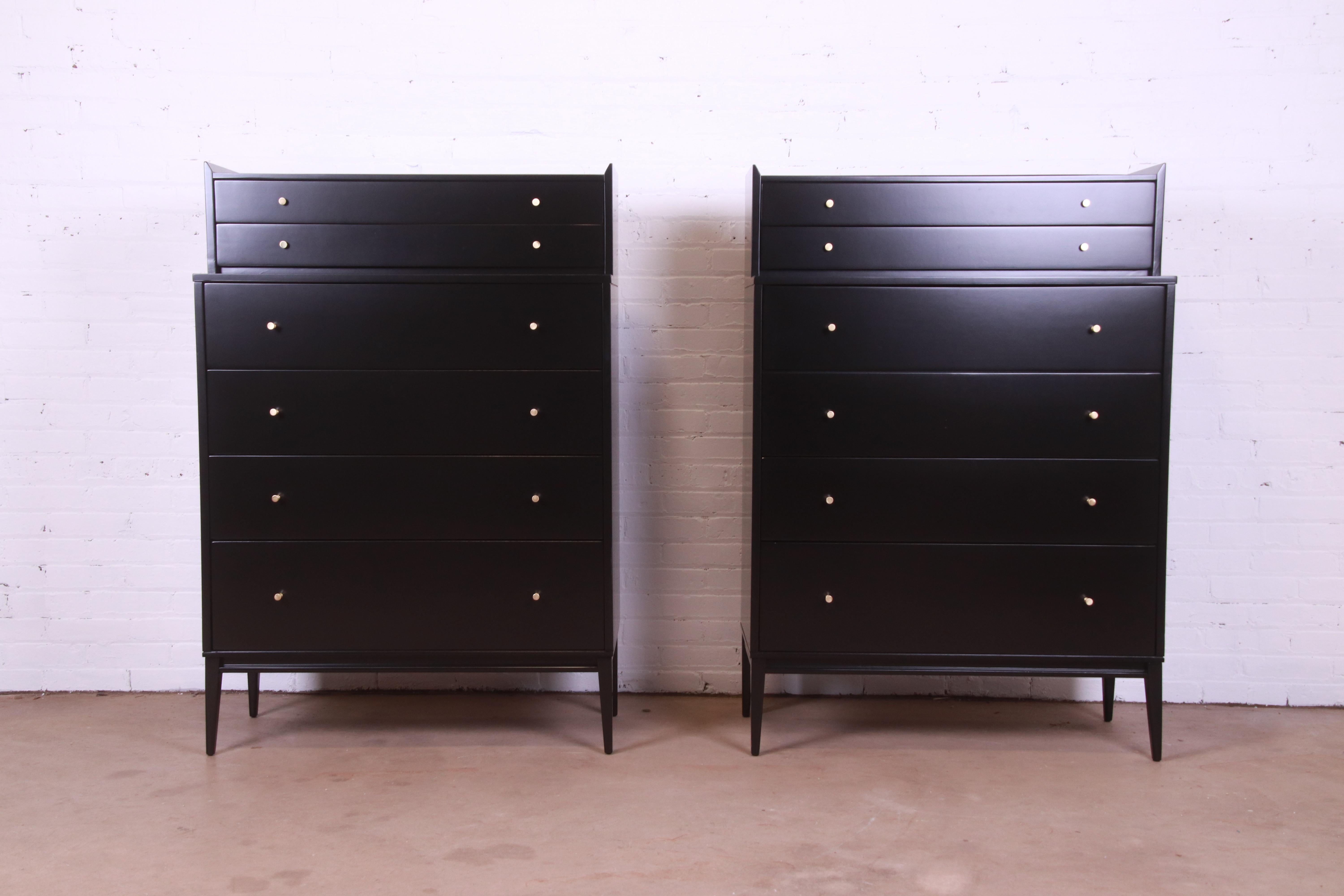 American Paul McCobb Planner Group Black Lacquered Highboy Dressers, Pair