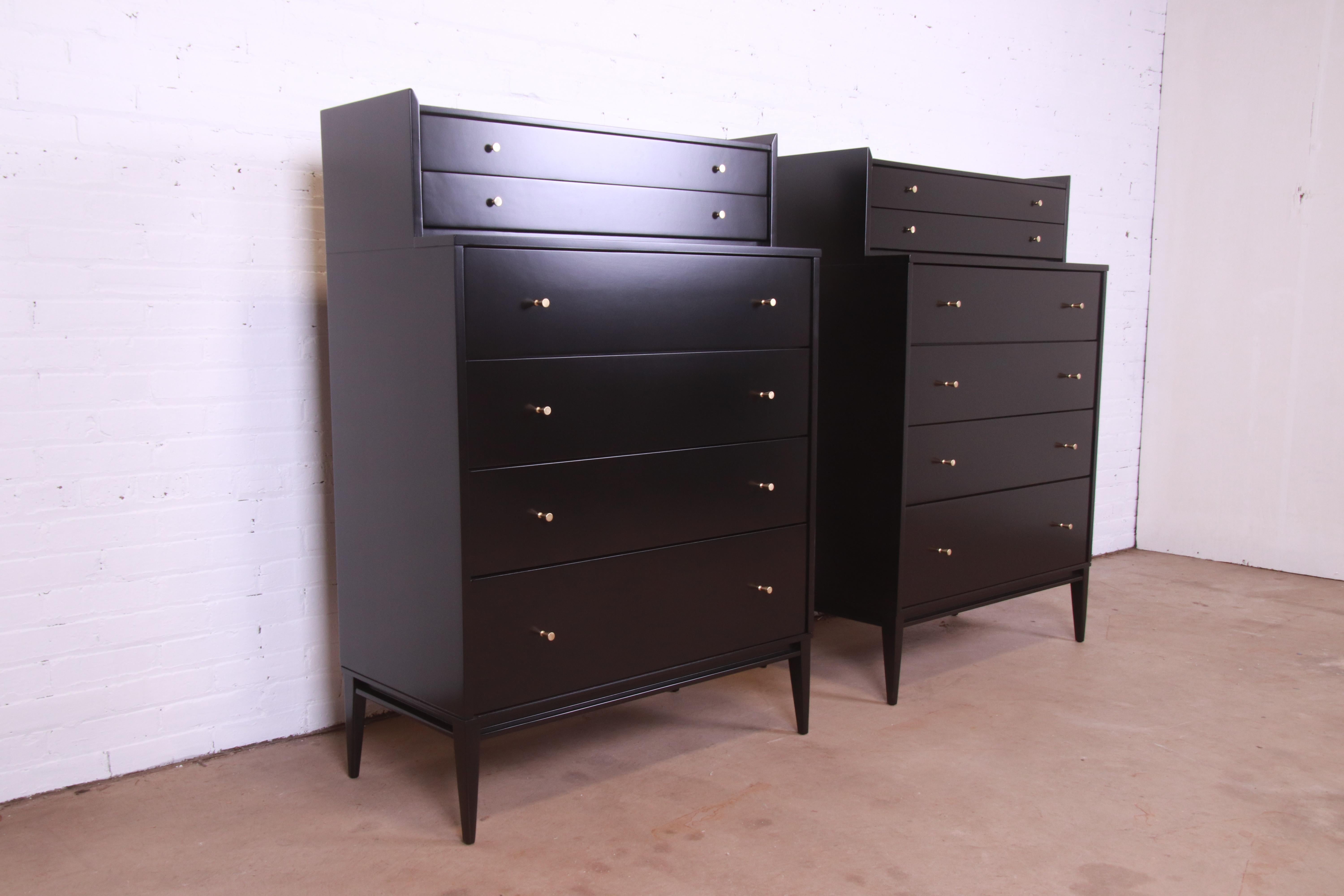 Paul McCobb Planner Group Black Lacquered Highboy Dressers, Pair In Good Condition In South Bend, IN