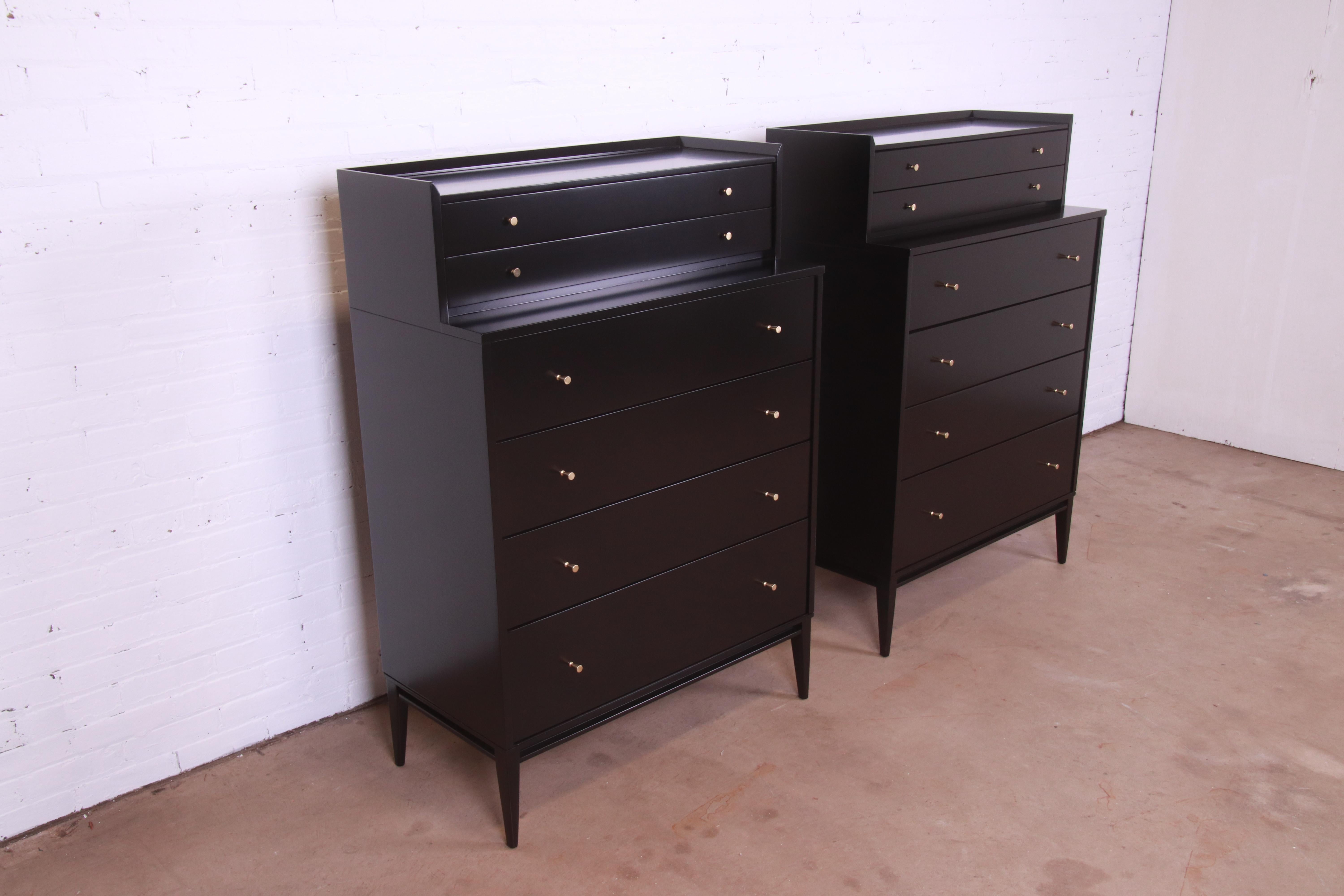 Mid-20th Century Paul McCobb Planner Group Black Lacquered Highboy Dressers, Pair