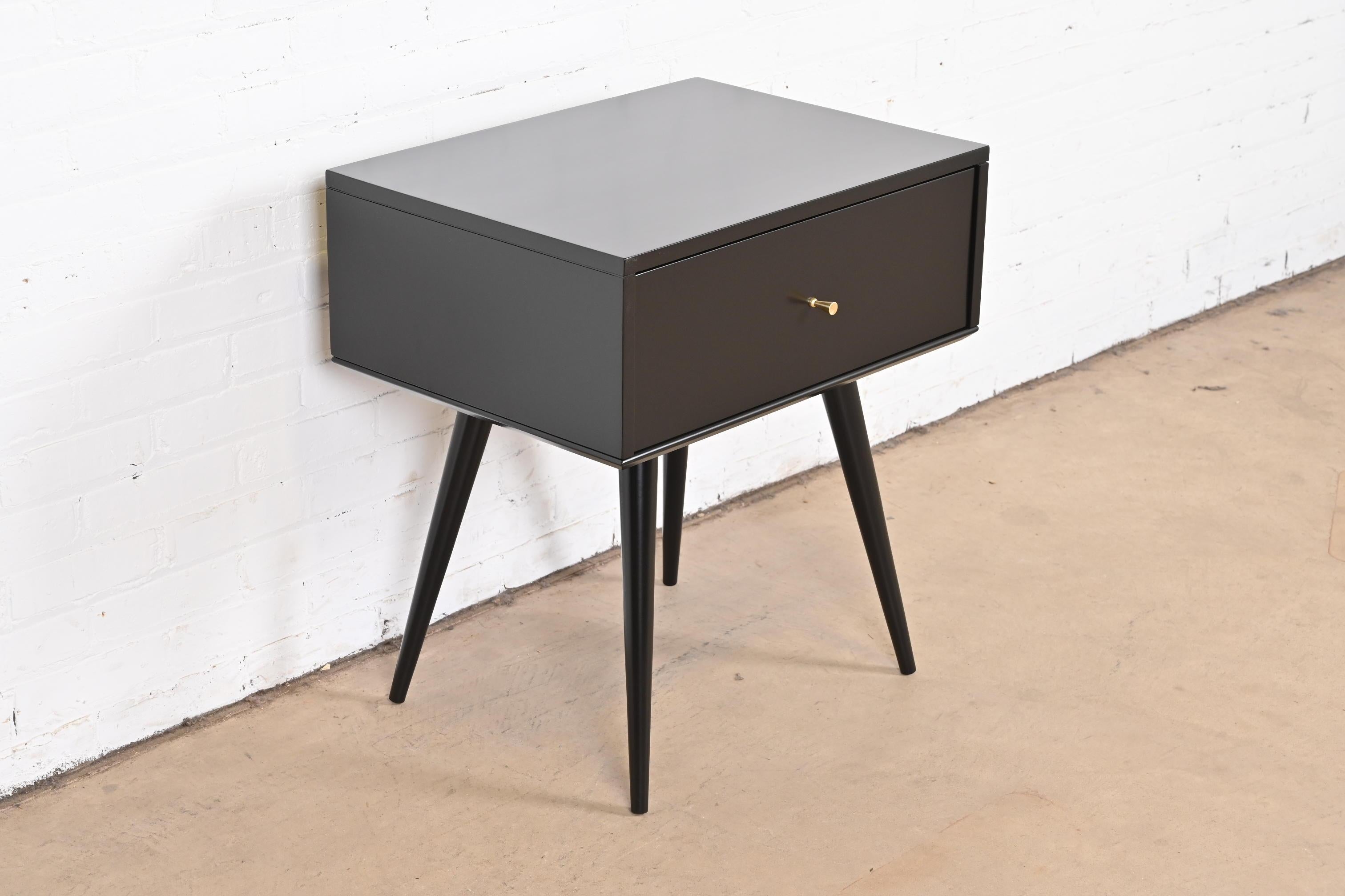 Brass Paul McCobb Planner Group Black Lacquered Nightstand, Newly Refinished