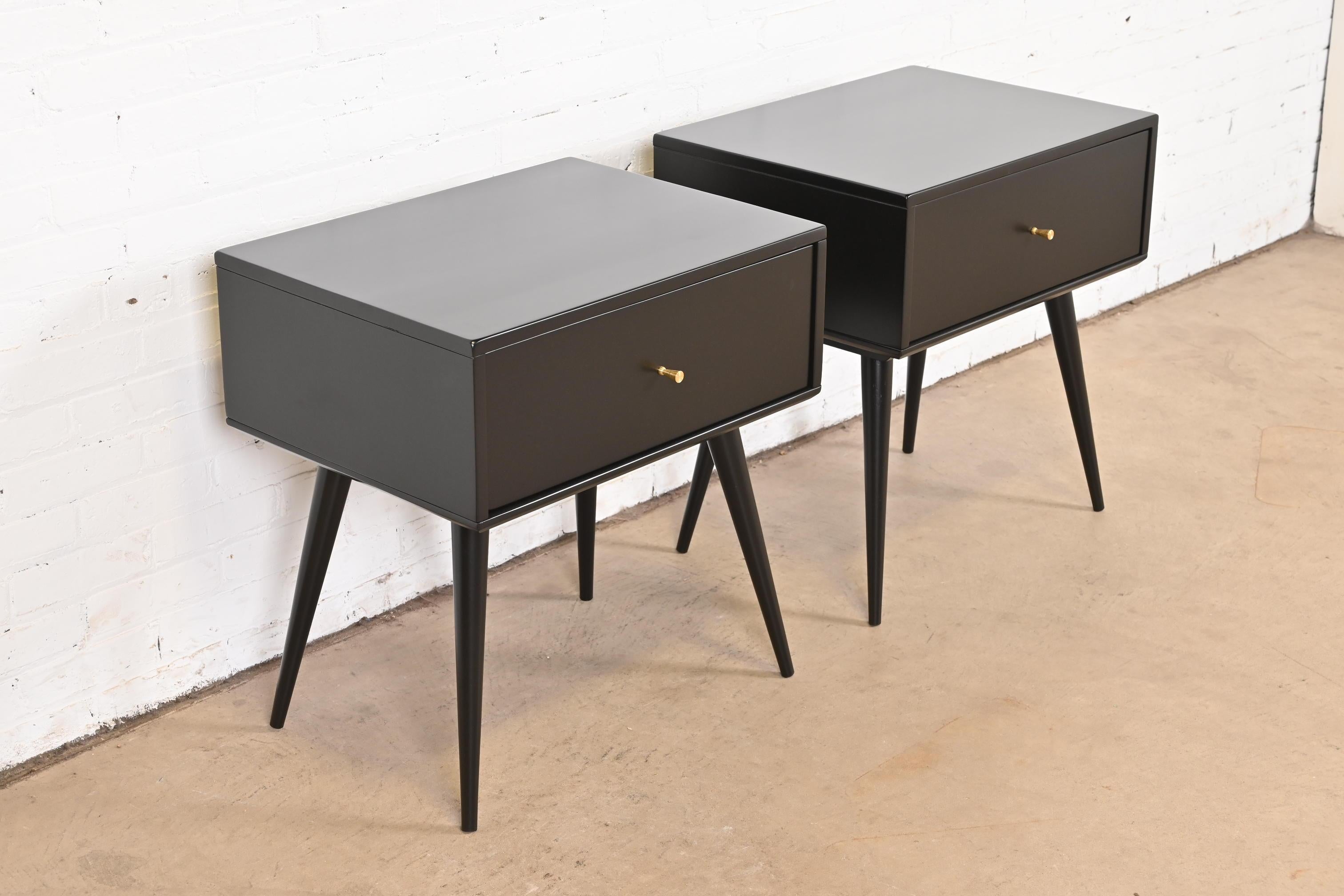 Brass Paul McCobb Planner Group Black Lacquered Nightstands, Newly Refinished For Sale