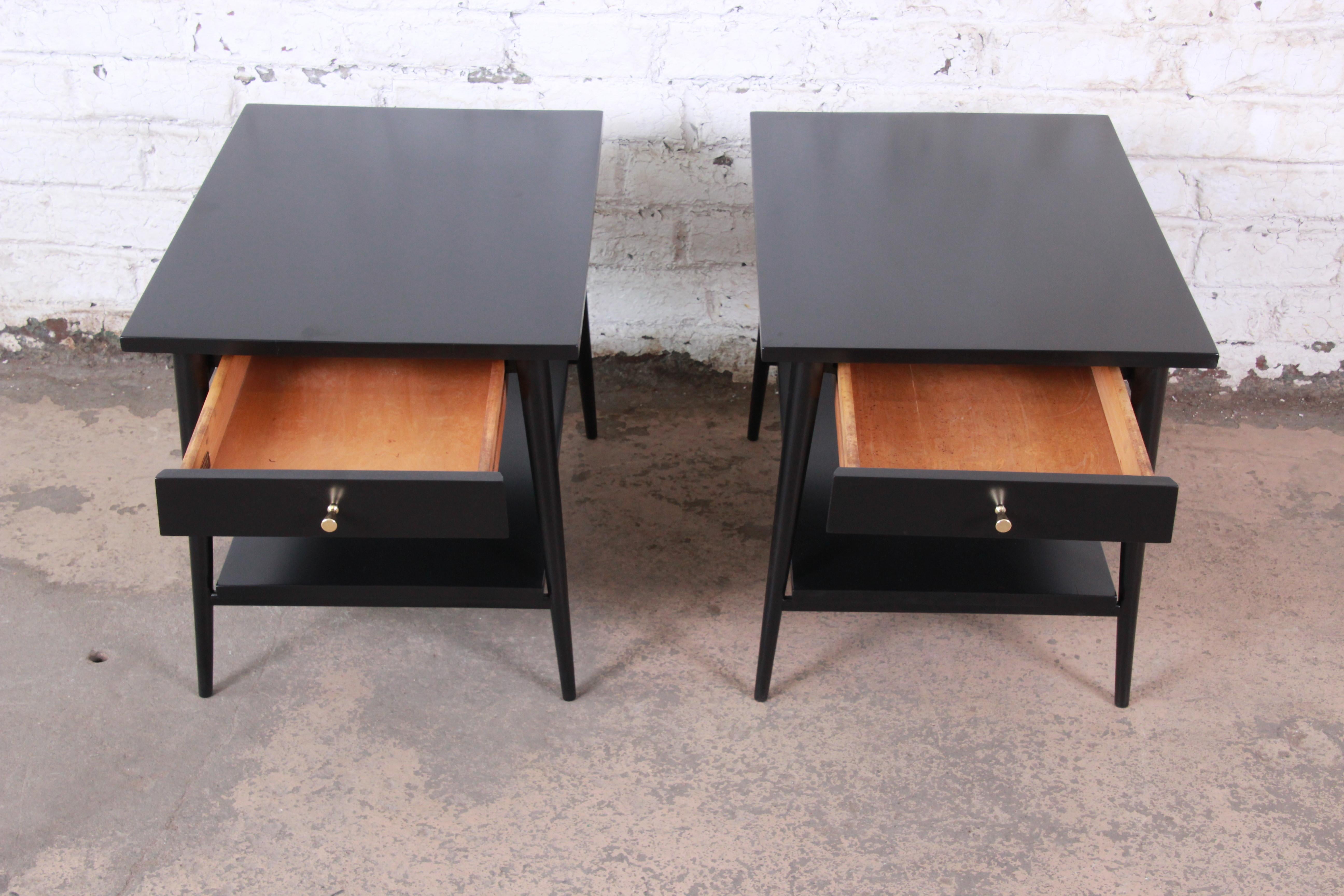 Mid-20th Century Paul McCobb Planner Group Black Lacquered Nightstands or End Tables, Restored