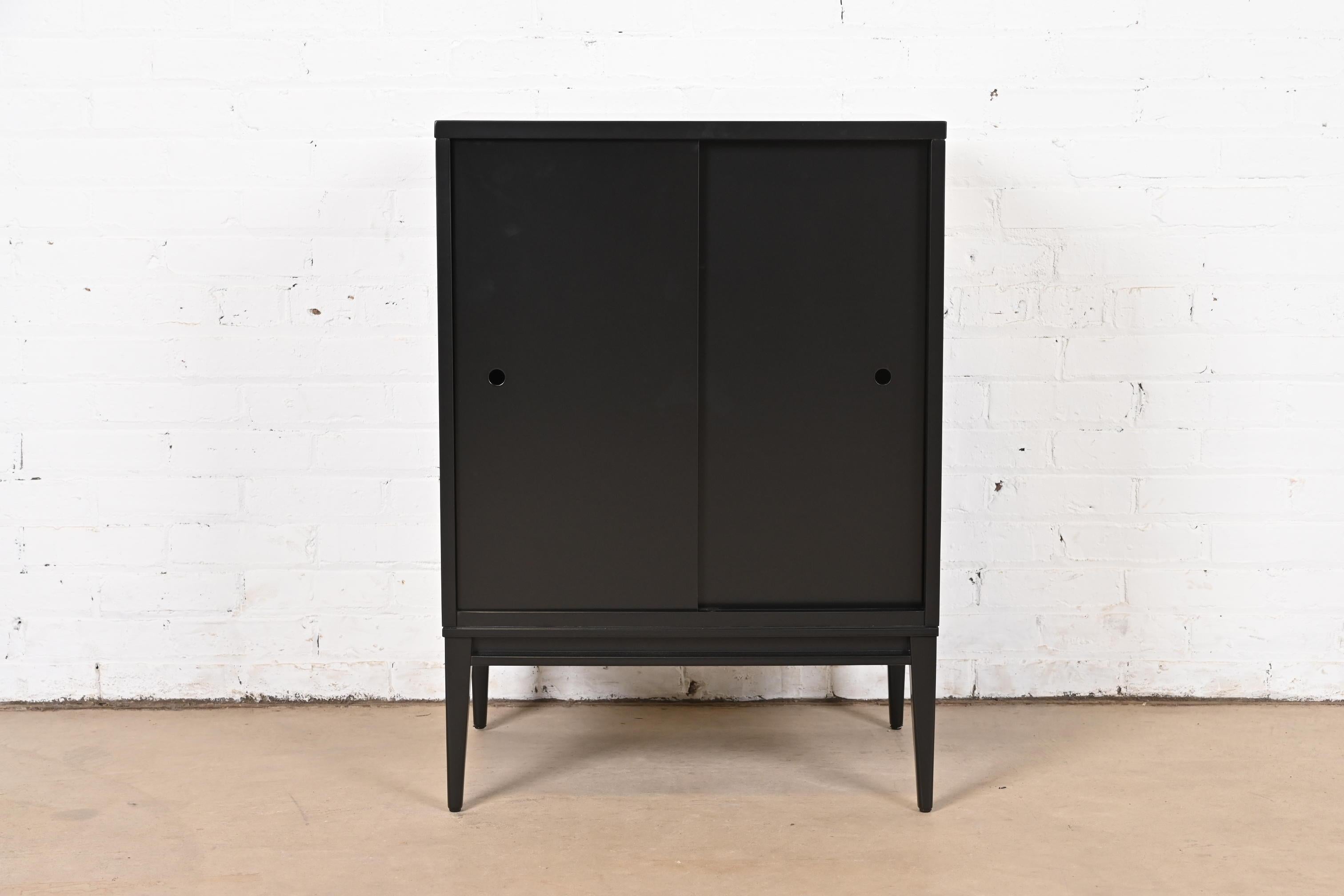 Mid-Century Modern Paul McCobb Planner Group Black Lacquered Record Cabinet With Sliding Doors For Sale