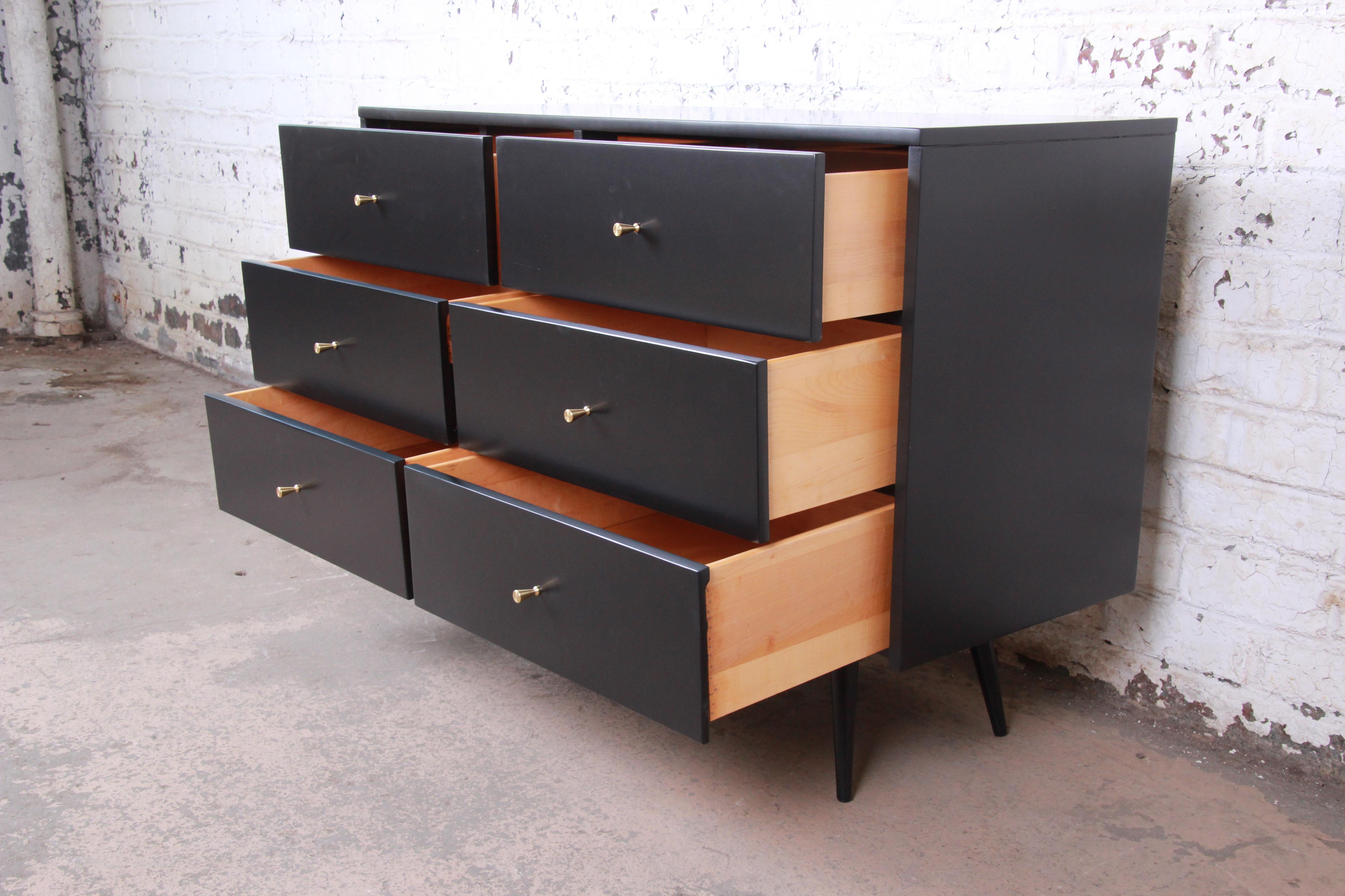 Brass Paul McCobb Planner Group Black Lacquered Six-Drawer Dresser, Newly Restored