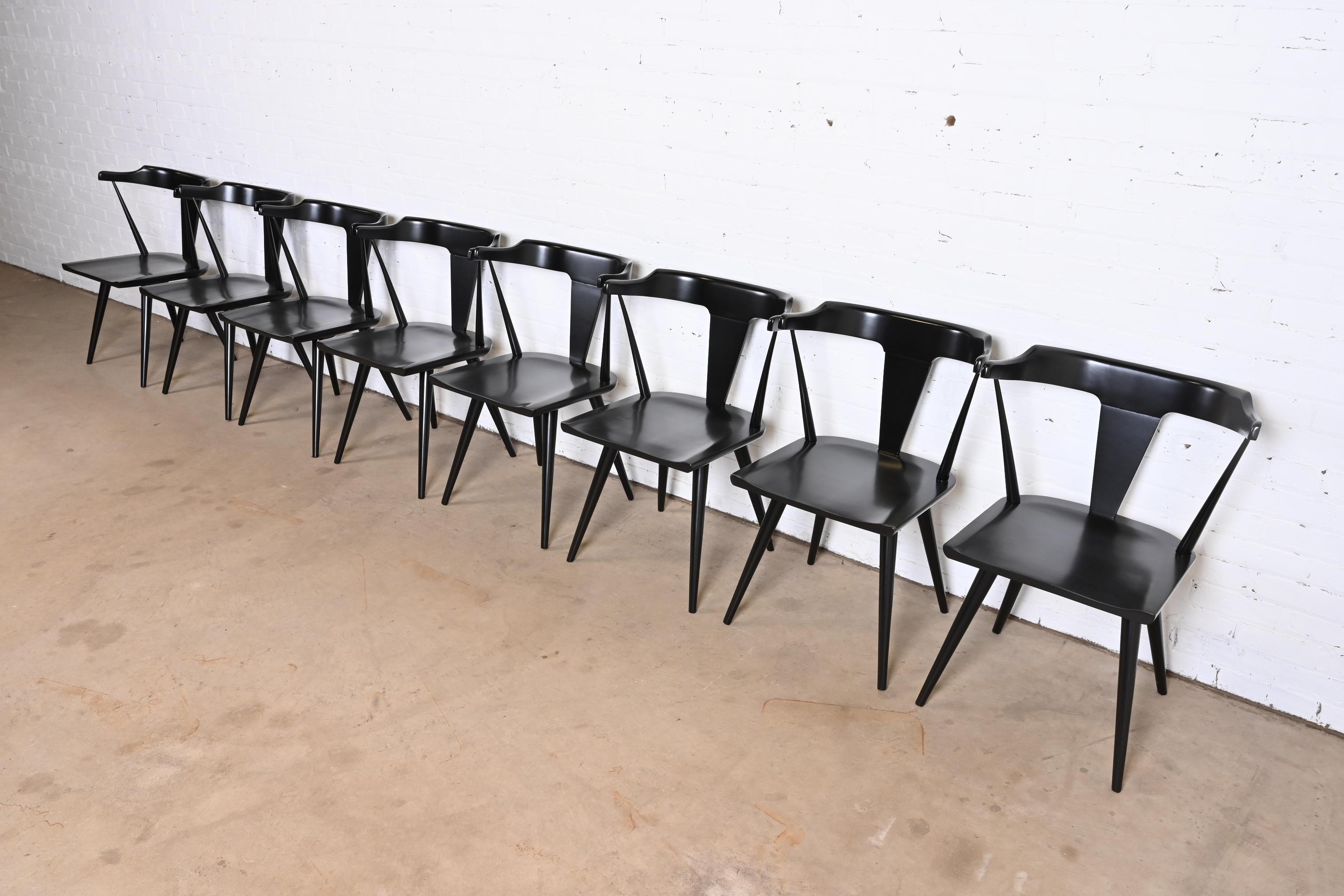 Américain Paul McCobb Planner Group ensemble de huit chaises de salle à manger à dossier en T laqué noir en vente