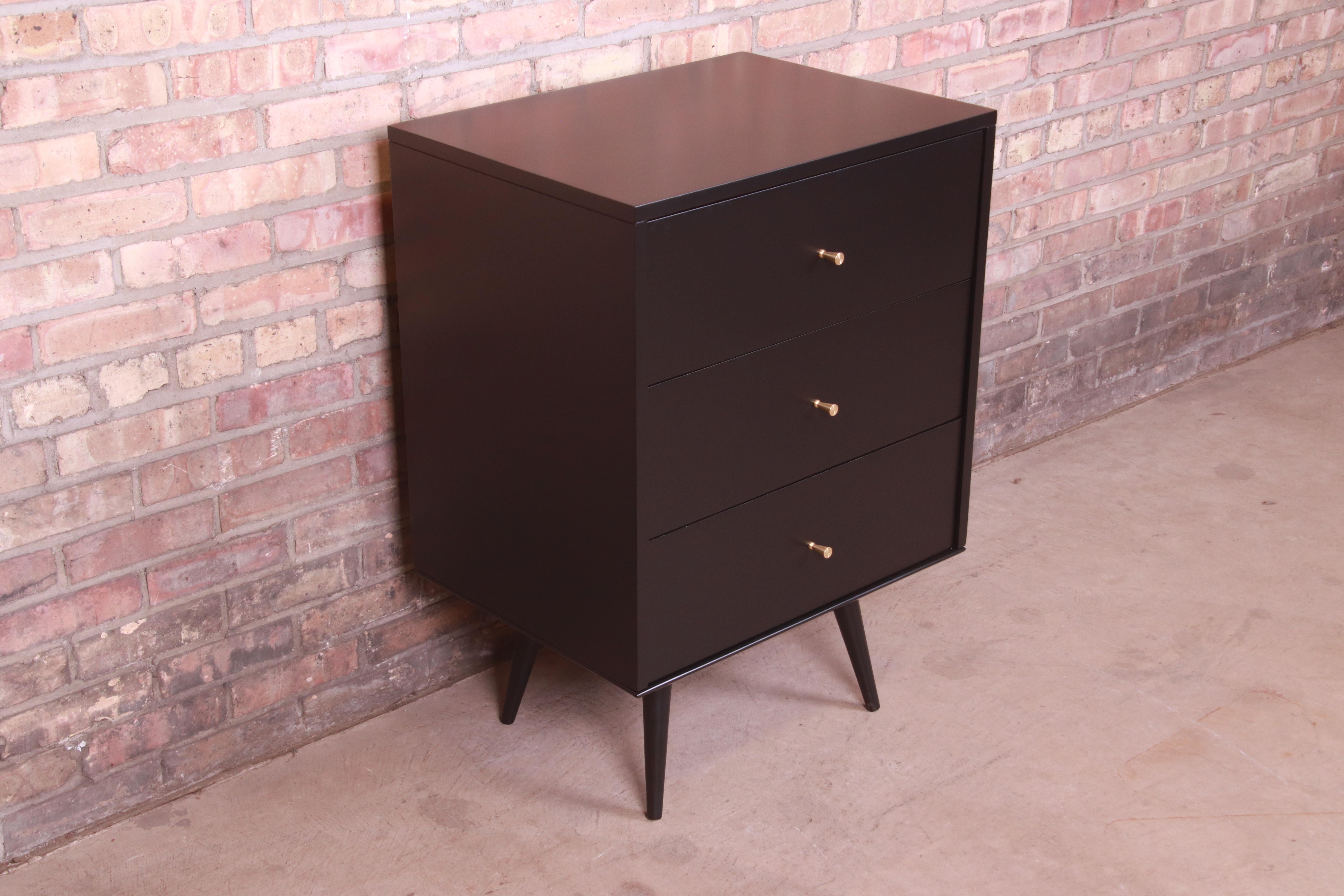 Paul McCobb Planner Group Black Lacquered Three-Drawer Chest, Newly Refinished In Good Condition In South Bend, IN