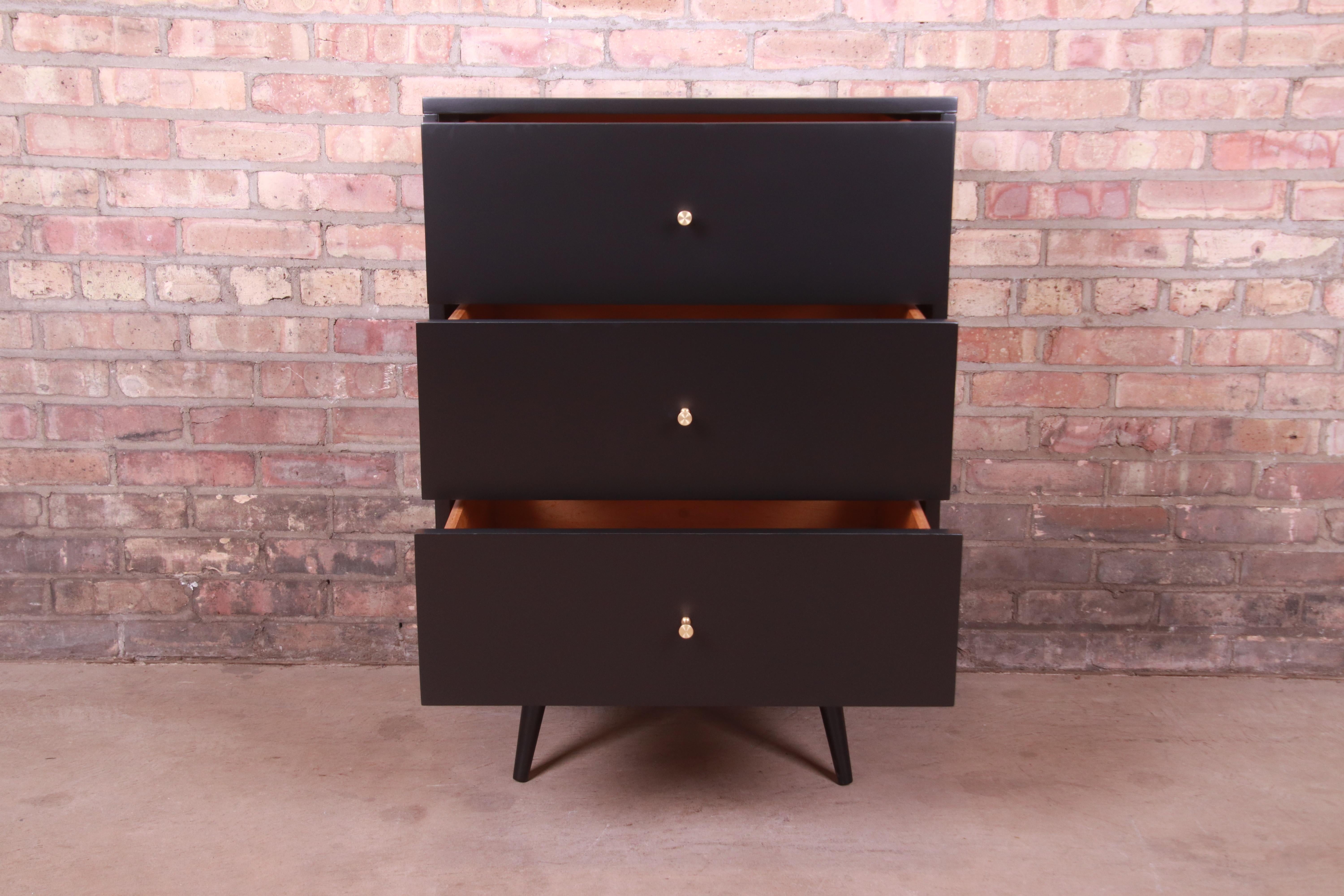 Brass Paul McCobb Planner Group Black Lacquered Three-Drawer Chest, Newly Refinished