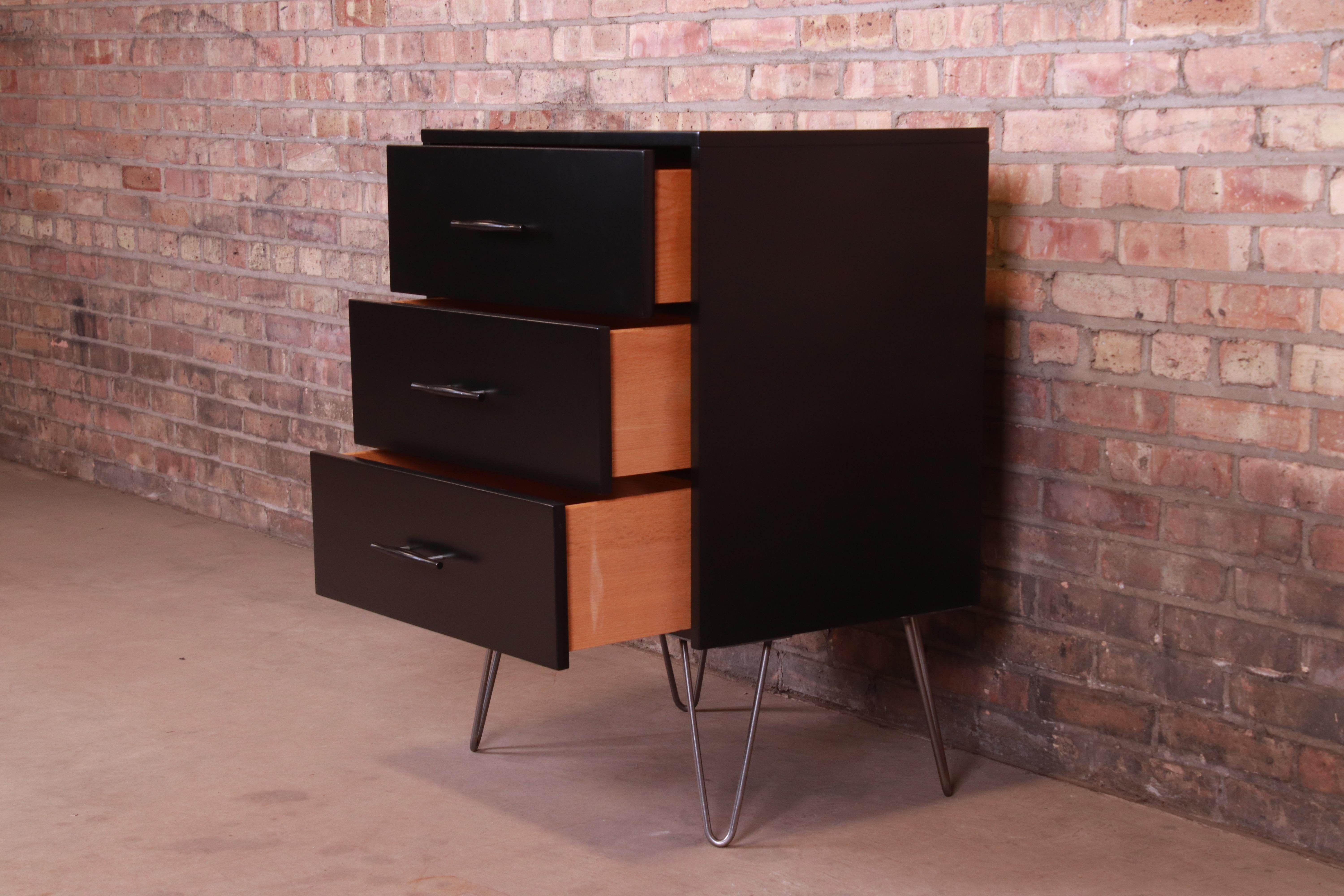 Steel Paul McCobb Planner Group Black Lacquered Three-Drawer Chest on Hairpin Legs