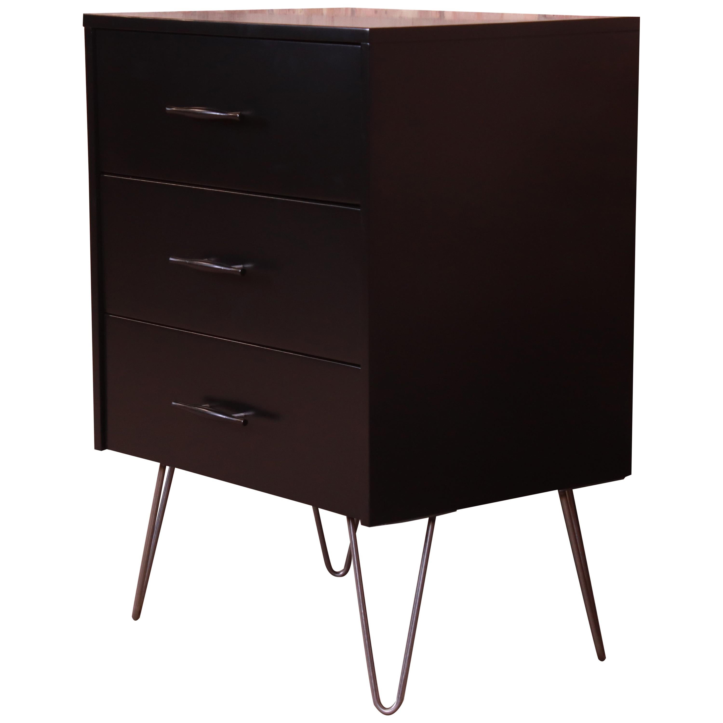 Paul McCobb Planner Group Black Lacquered Three-Drawer Chest on Hairpin Legs