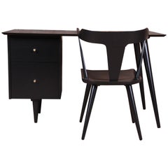 Paul McCobb Planner Group Black Lacquered Writing Desk and Chair, Newly Restored