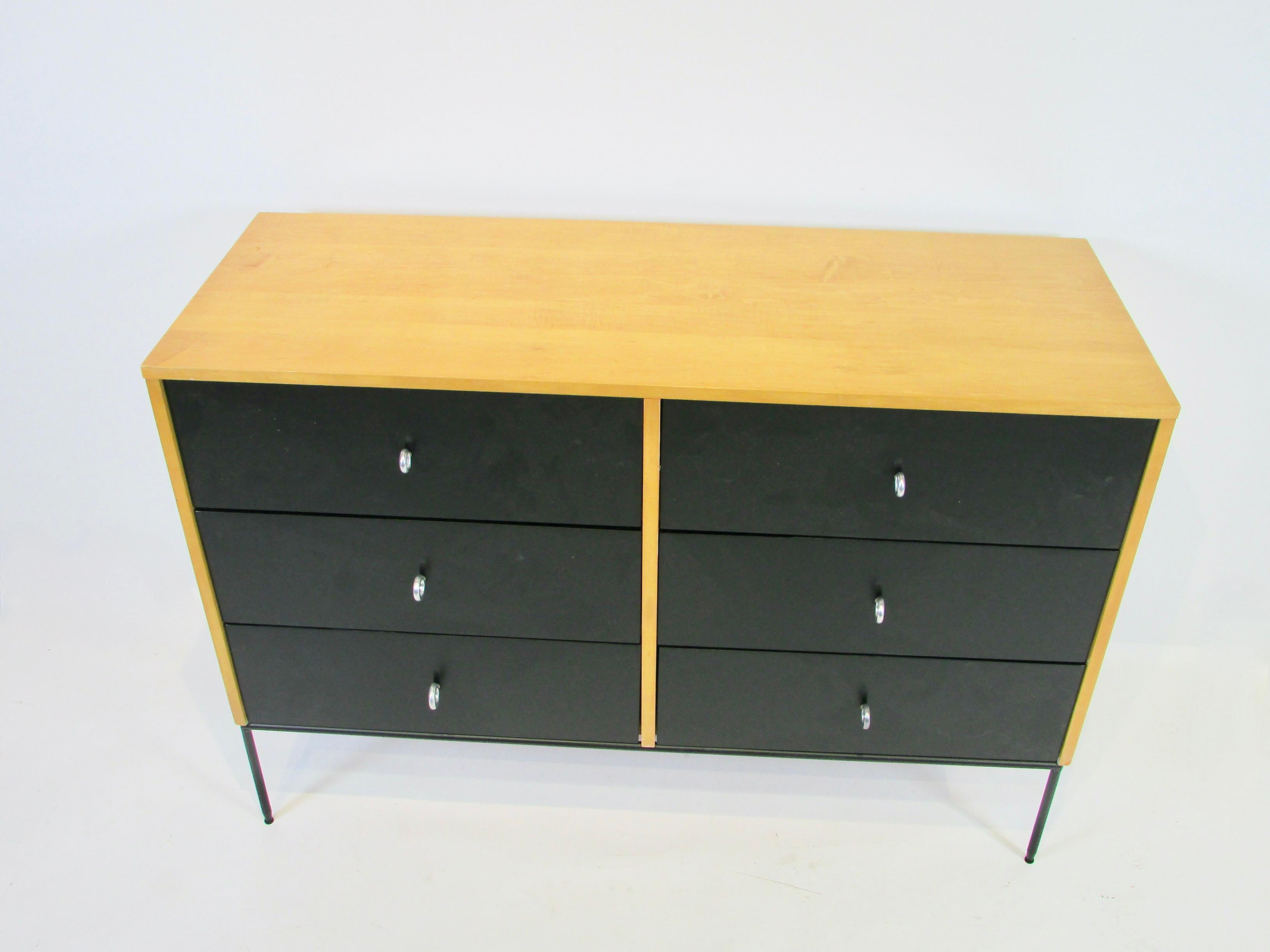 20th Century Paul McCobb Planner Group Blonde with Black Drawers Dresser on Wrought Iron Base For Sale