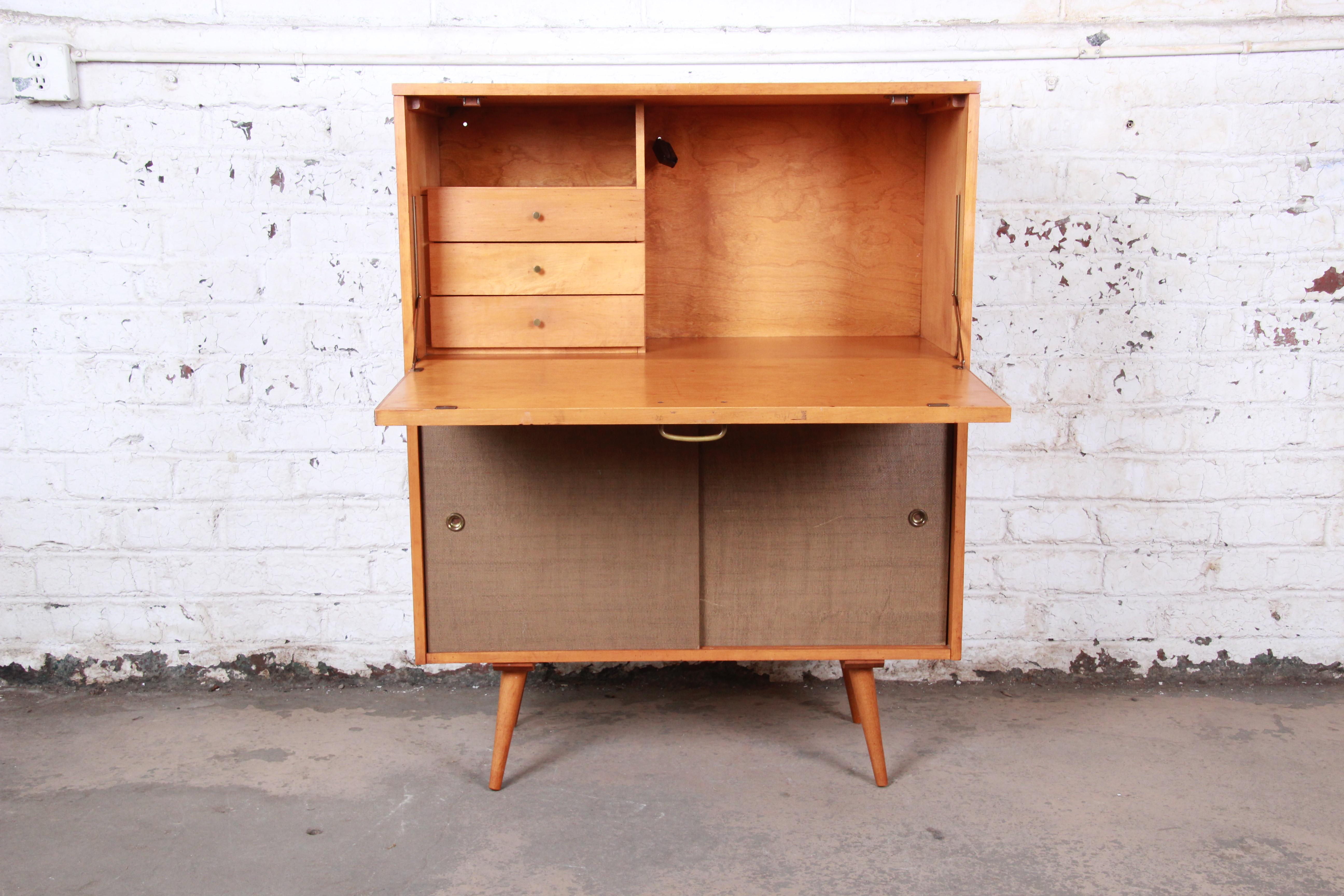 Paul McCobb Planner Group Drop Front Desk with Sliding Door Credenza, 1950s In Good Condition In South Bend, IN