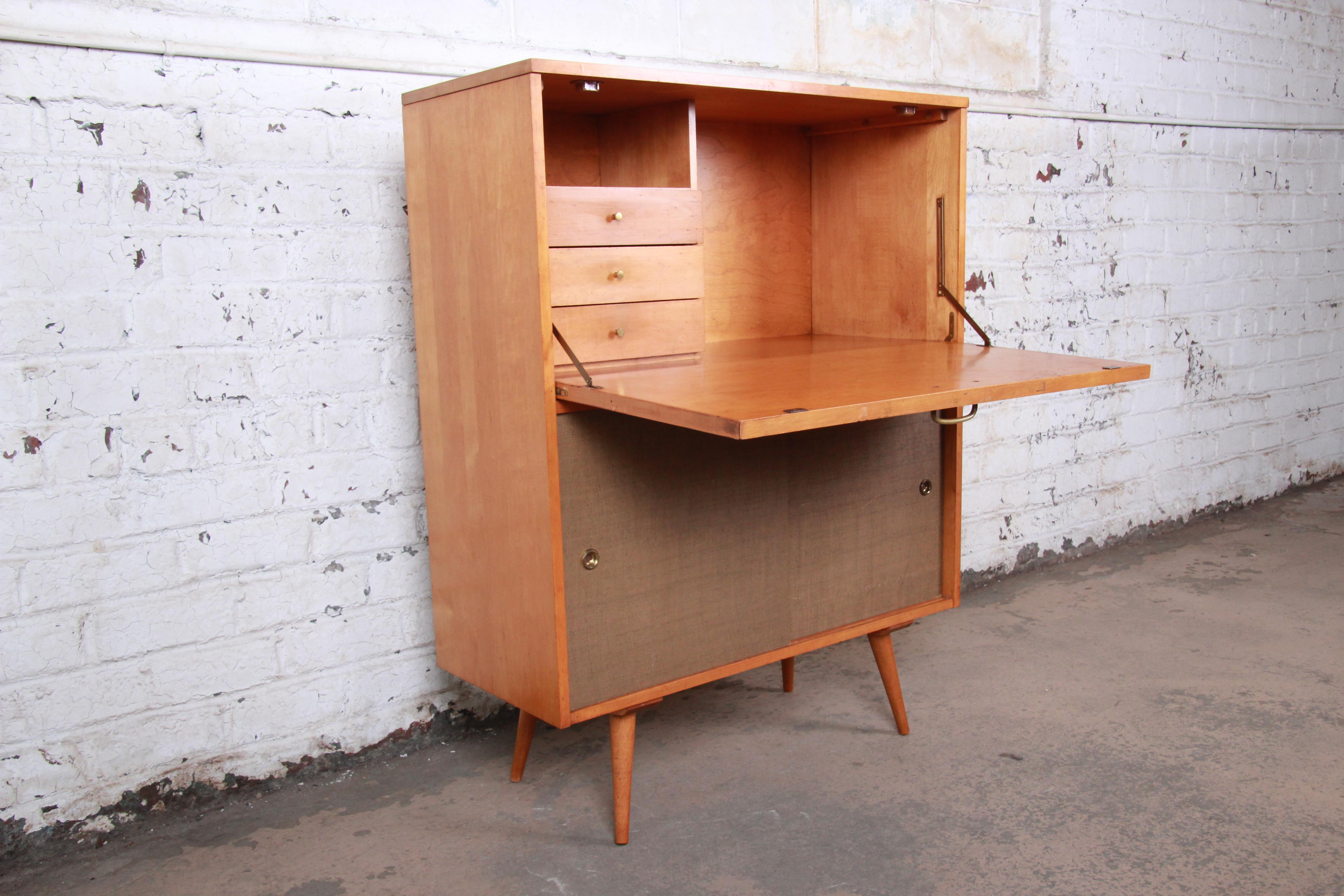 Brass Paul McCobb Planner Group Drop Front Desk with Sliding Door Credenza, 1950s