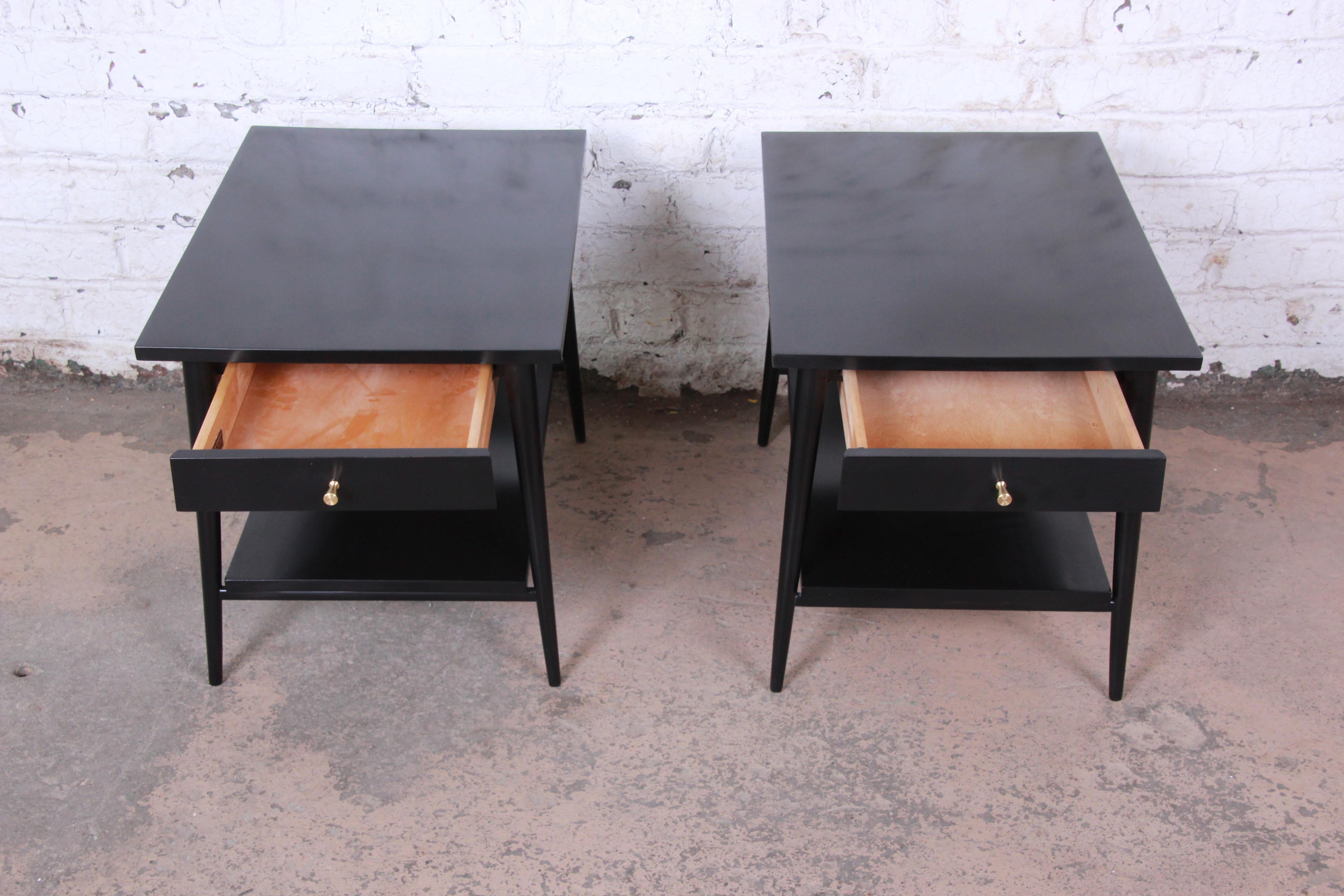 Brass Paul McCobb Planner Group Ebonized Nightstands or End Tables, Pair