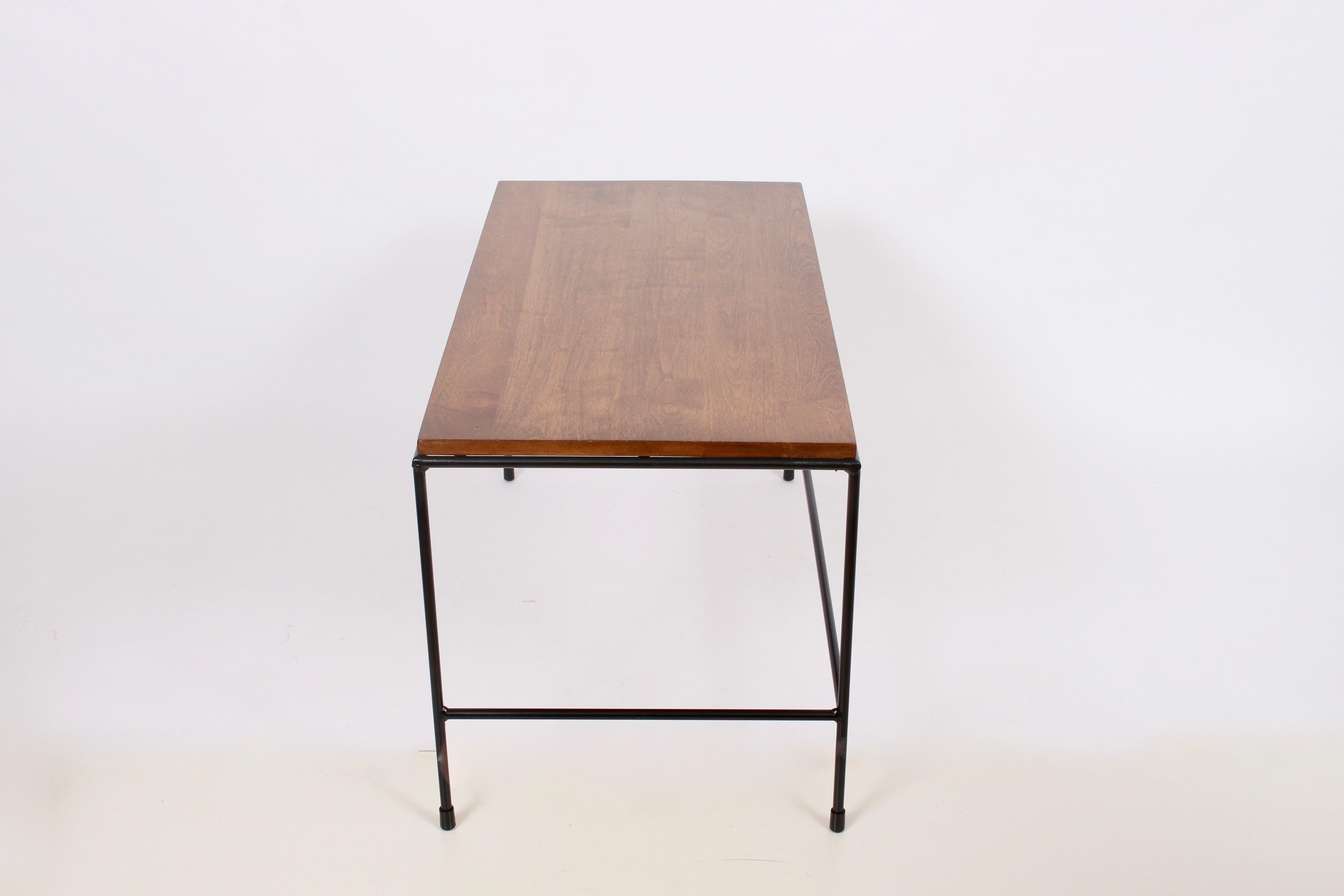 Early Paul McCobb Winchendon Planner Group high Coffee Table, Bench. Bed End bench, Nightstand, 1950s.  Featuring a sturdy, rectangular Black lacquered iron framework and solid Birch surface with Tobacco finish. Timeless. Modernist. With burn stamp,