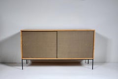 Paul McCobb Planner Group Maple, Grasscloth & Wrought Iron Credenza, 1950s