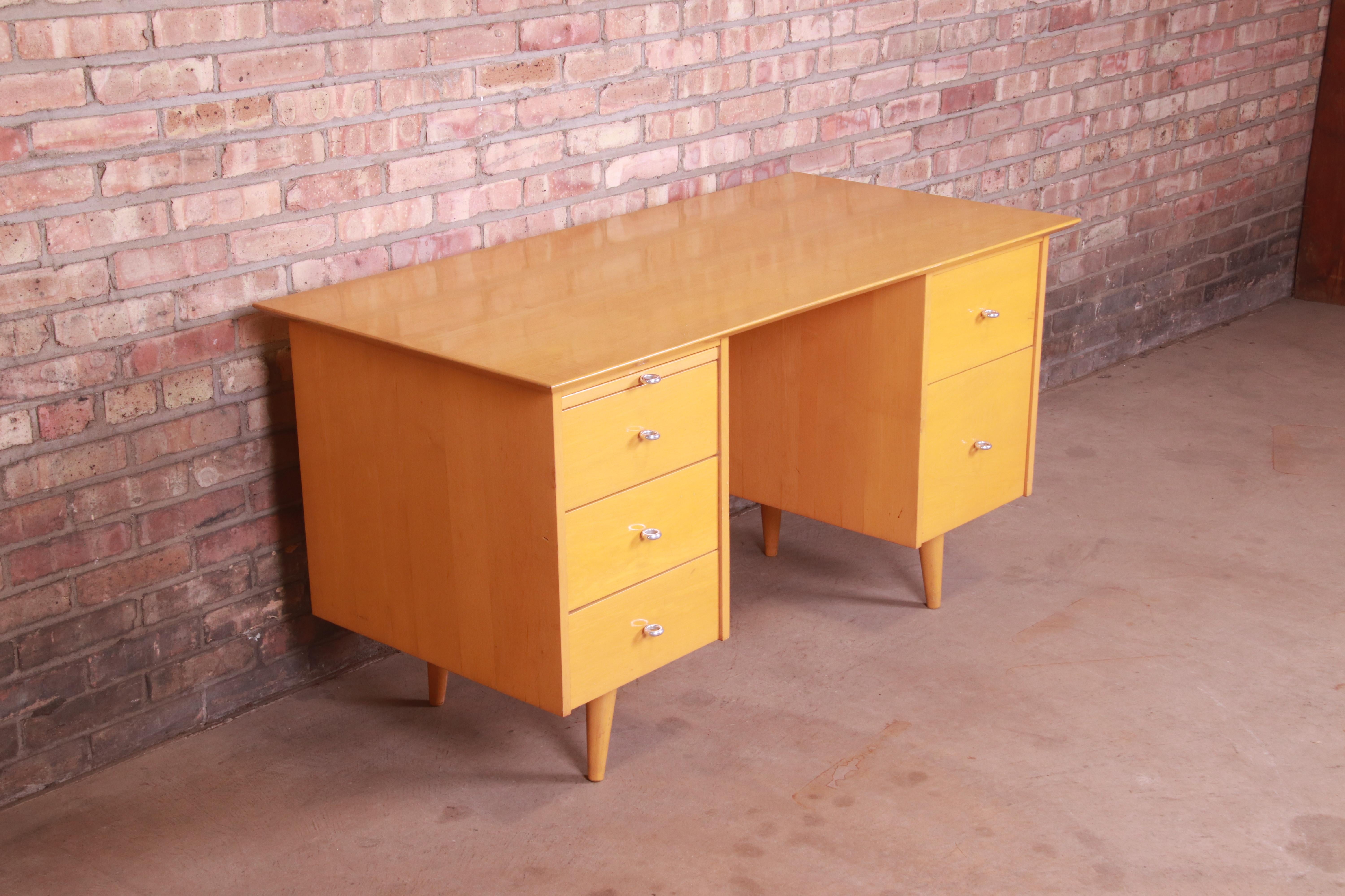 Aluminum Paul McCobb Planner Group Mid-Century Modern Maple Double Pedestal Desk, 1950s