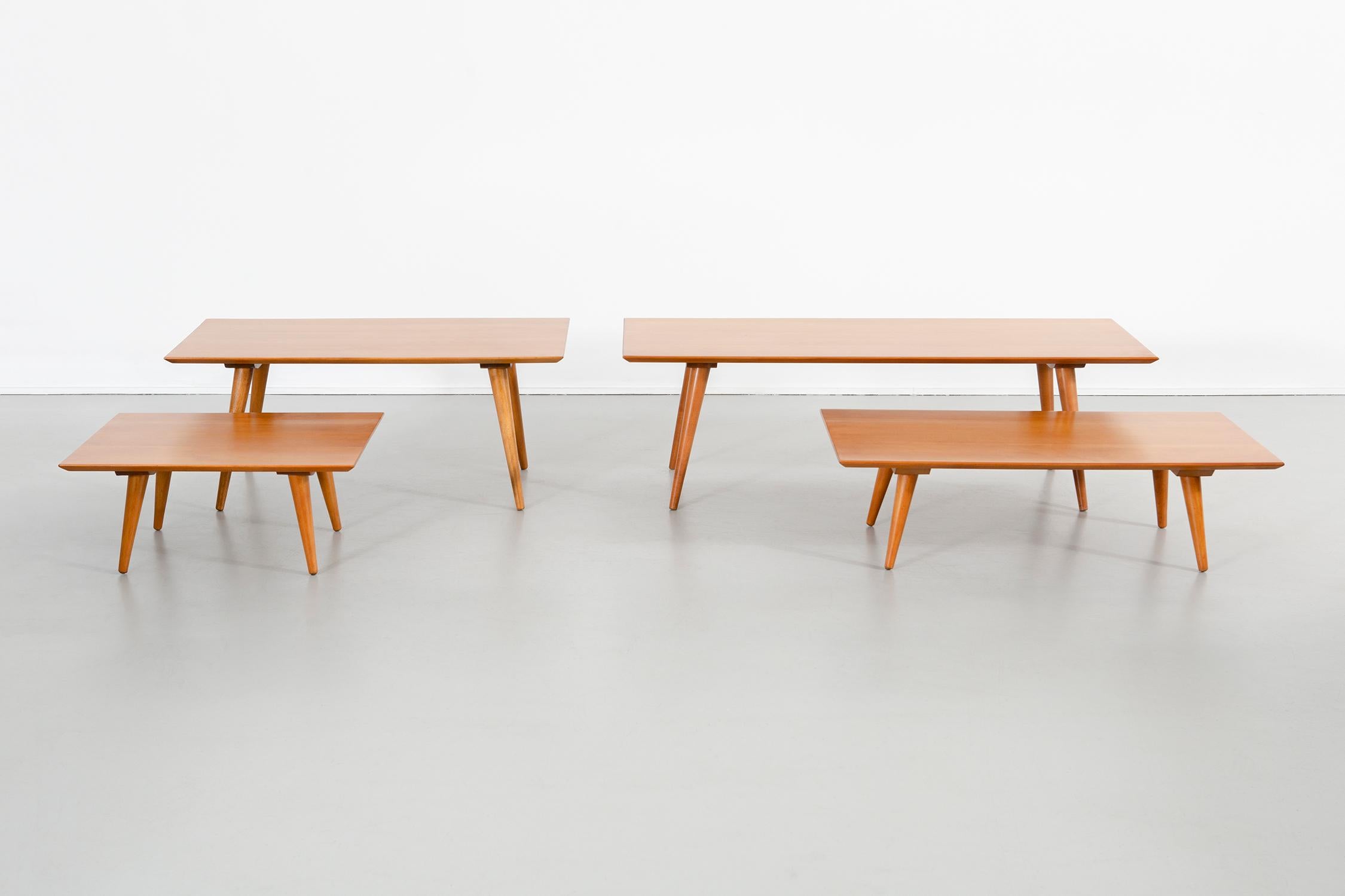 Set of four tables

Designed by Paul McCobb for Winchendon 

USA, circa 1950s 

Maple 

Measures: 15 1/16” H x 36” W x 18 ?” D 

10 ¼” H x 24” W x 18 ¼” D 

14 ?” H x 48” W x 18 ?” D 

10 ¼” H x 36” W x 18 ?” D.