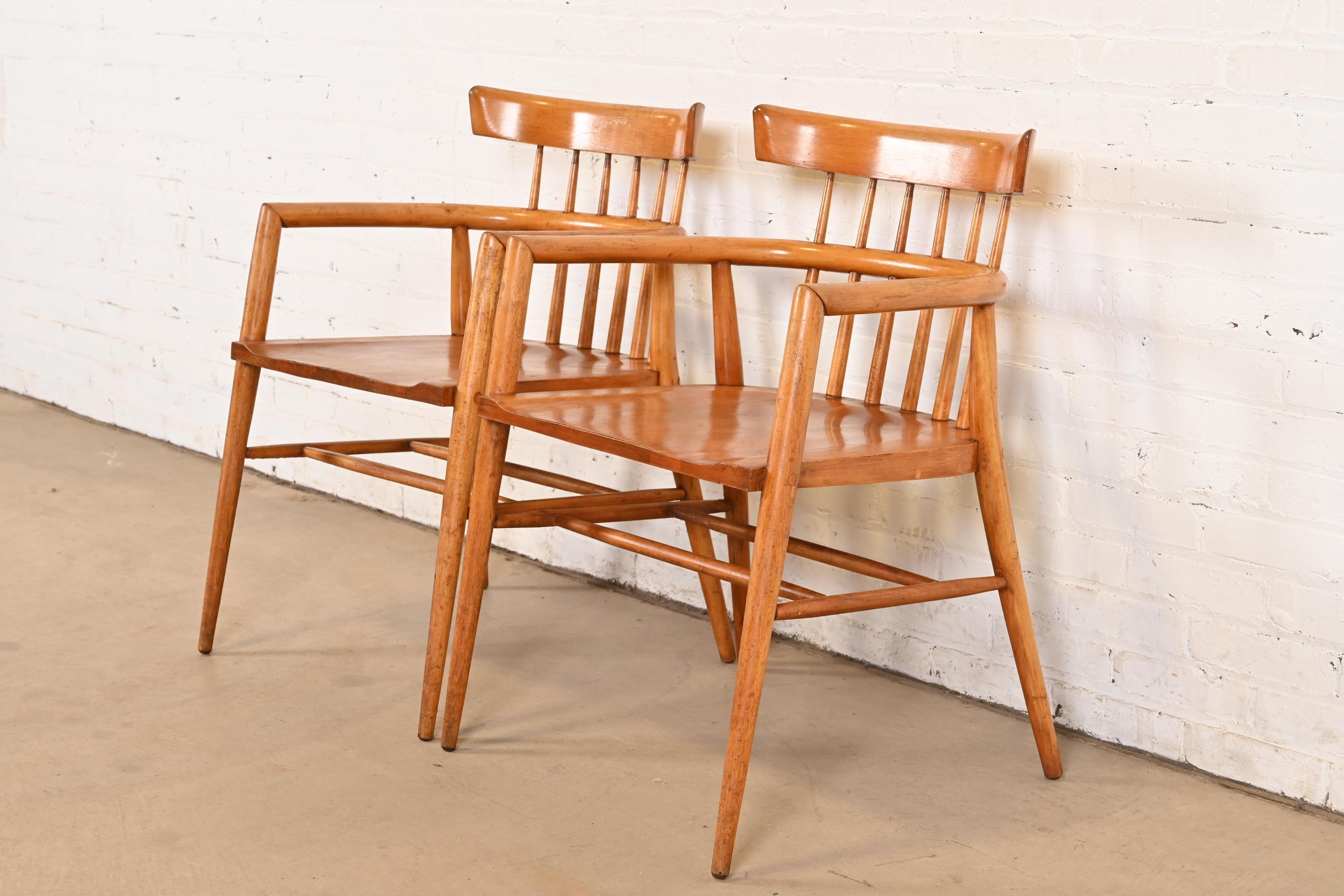 Mid-Century Modern Paul McCobb Planner Group Solid Maple Spindle Back Armchairs, Pair For Sale