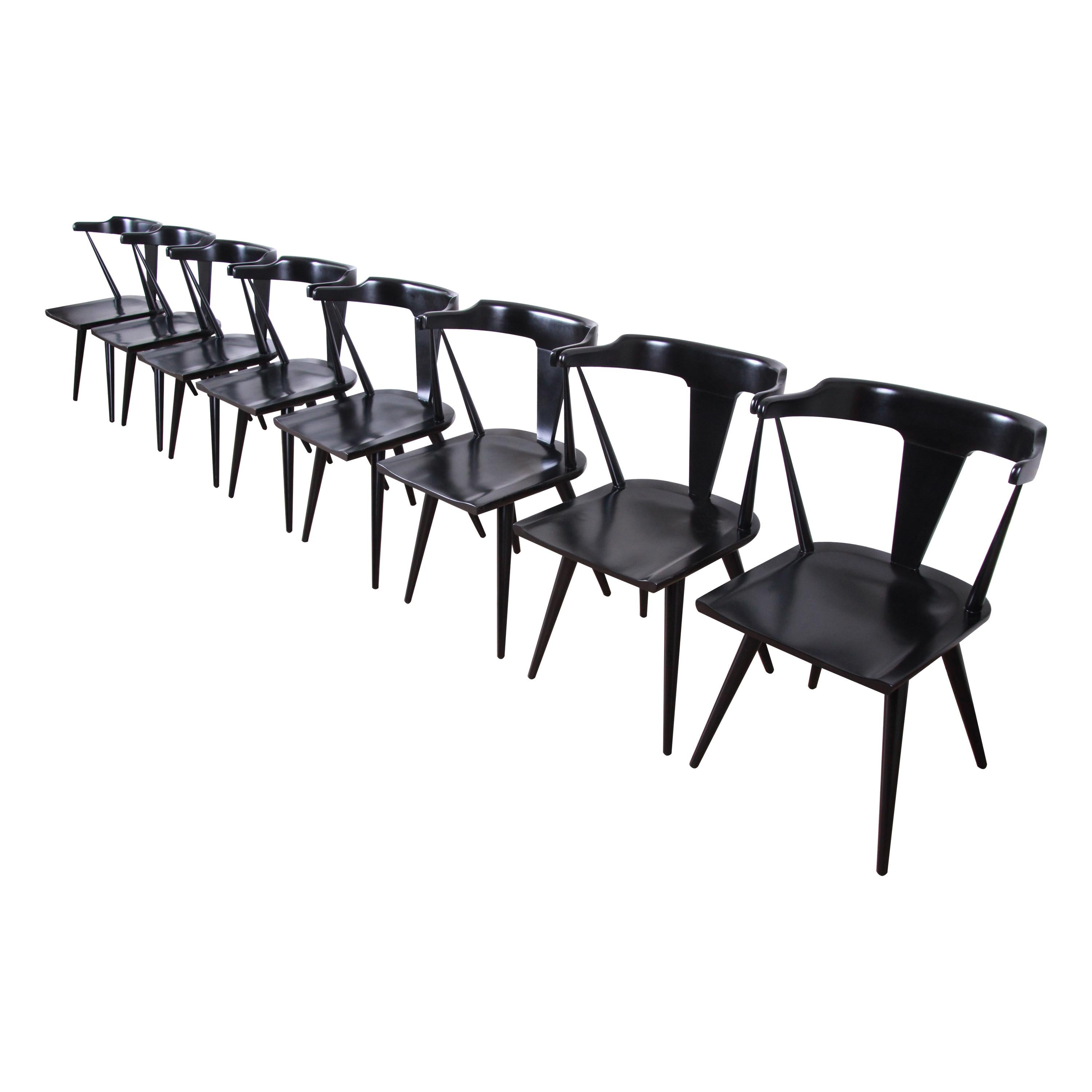 Paul McCobb Planner Group T-Back Black Lacquered Maple Dining Chairs, Set of 8