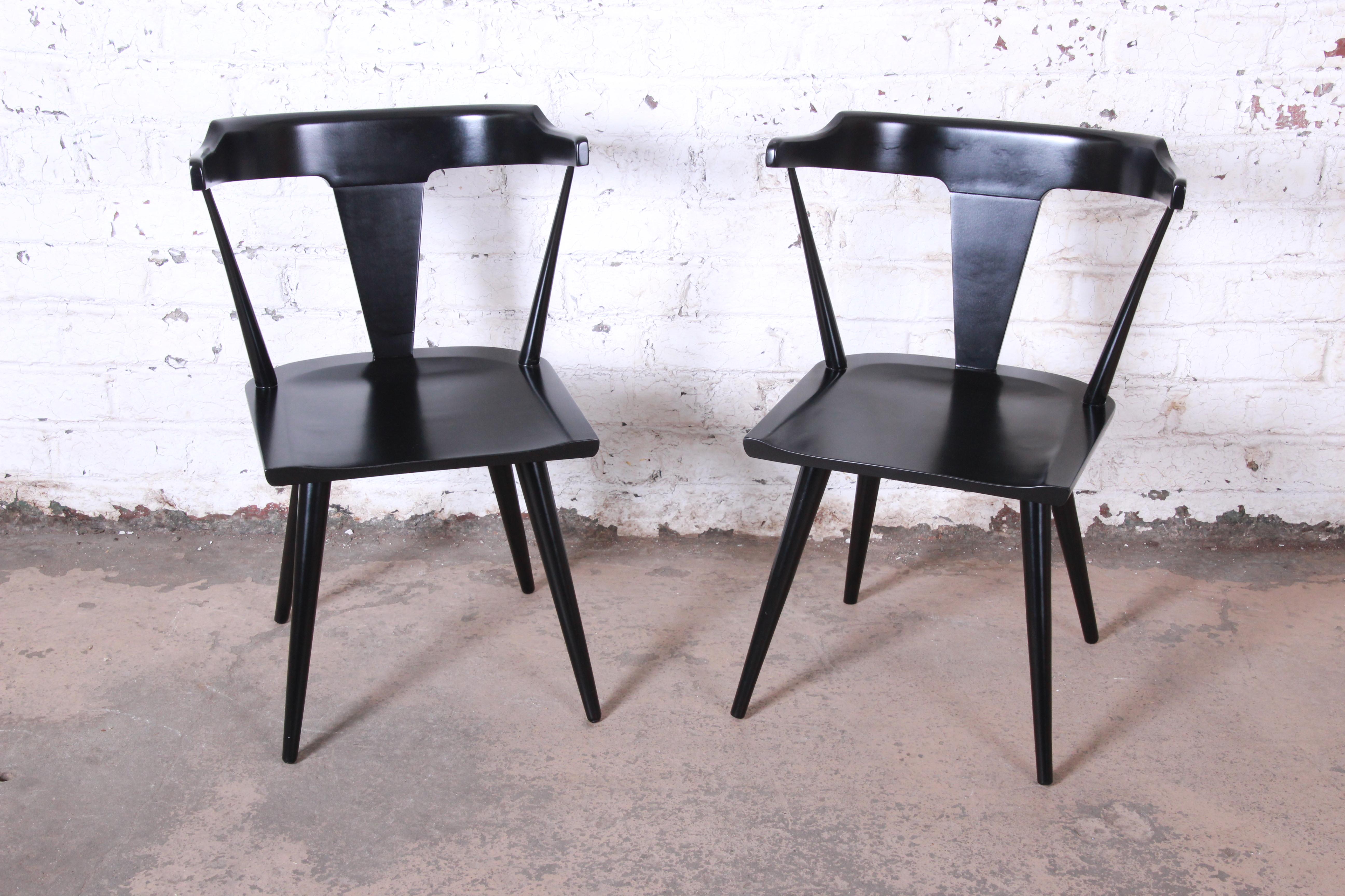 Mid-Century Modern Paul McCobb Planner Group T-Back Black Lacquered Solid Maple Dining Chairs, Pair