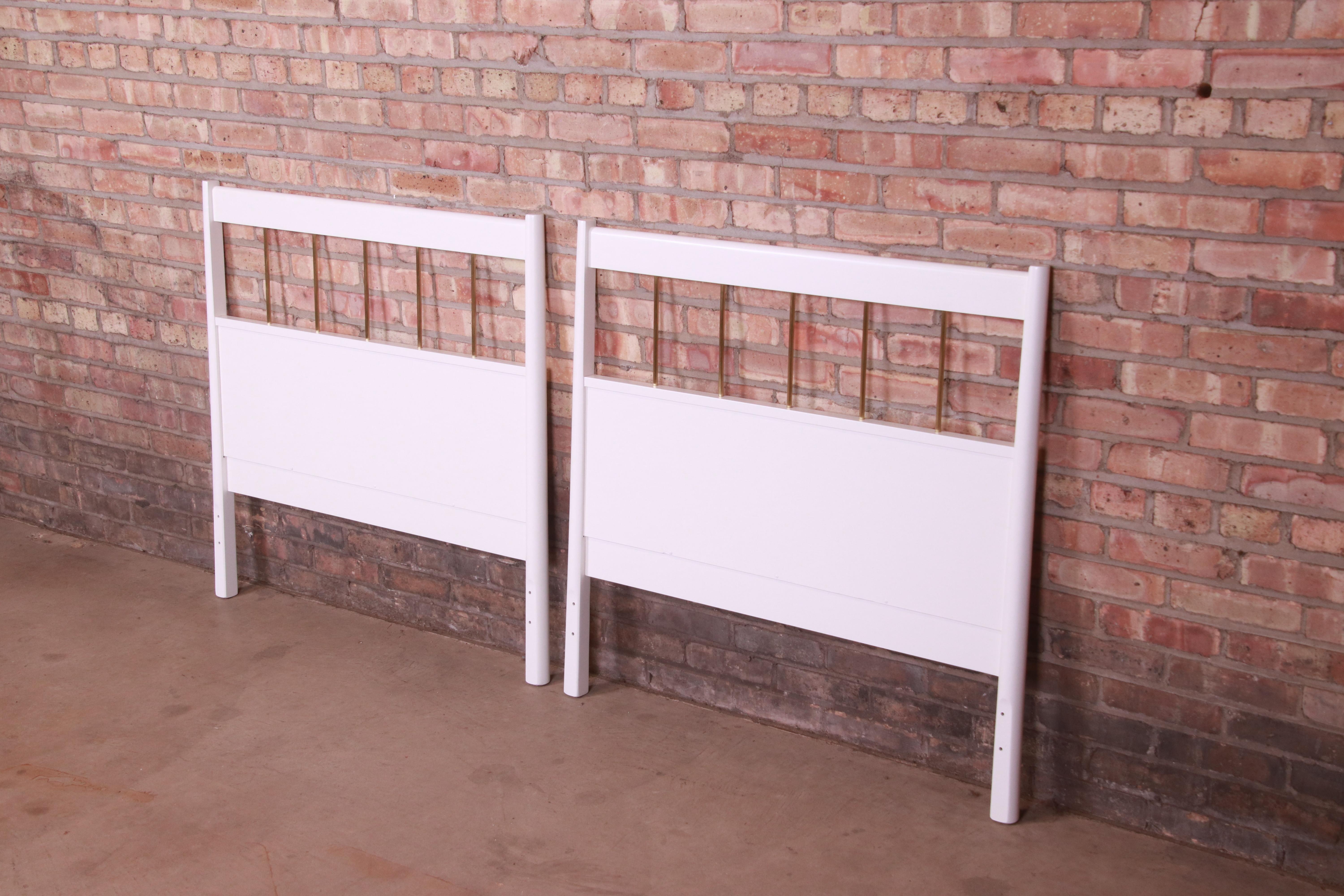Mid-Century Modern Paul McCobb Planner Group White Lacquer and Brass Twin Headboards, Refinished For Sale