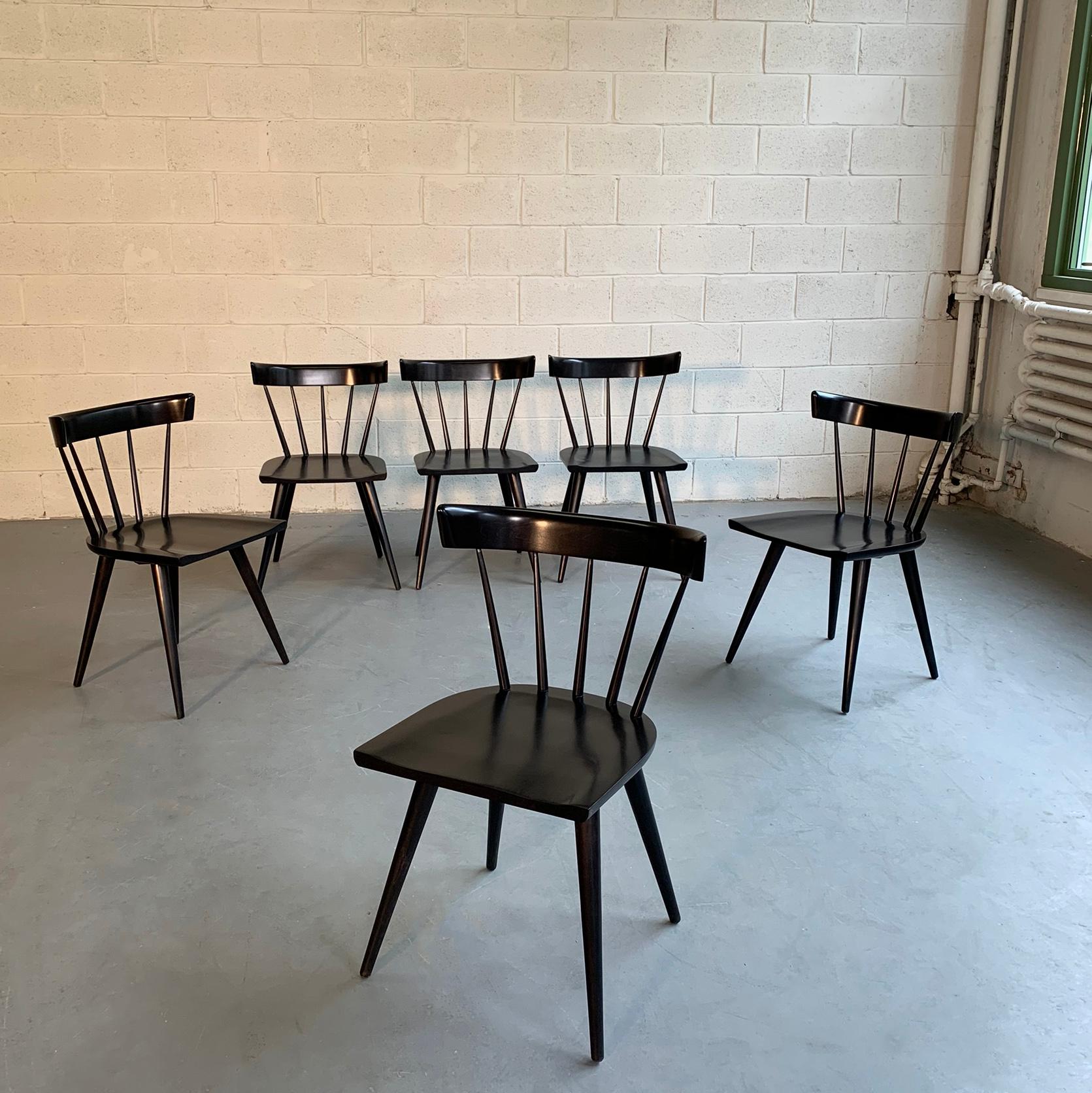 Set of 6, Mid-Century Modern, Windsor style, spindle back, solid maple chairs by Paul McCobb for Planner Group, Winchendon in an ebonized finish - the darkest stain allowing some wood grain to show through.