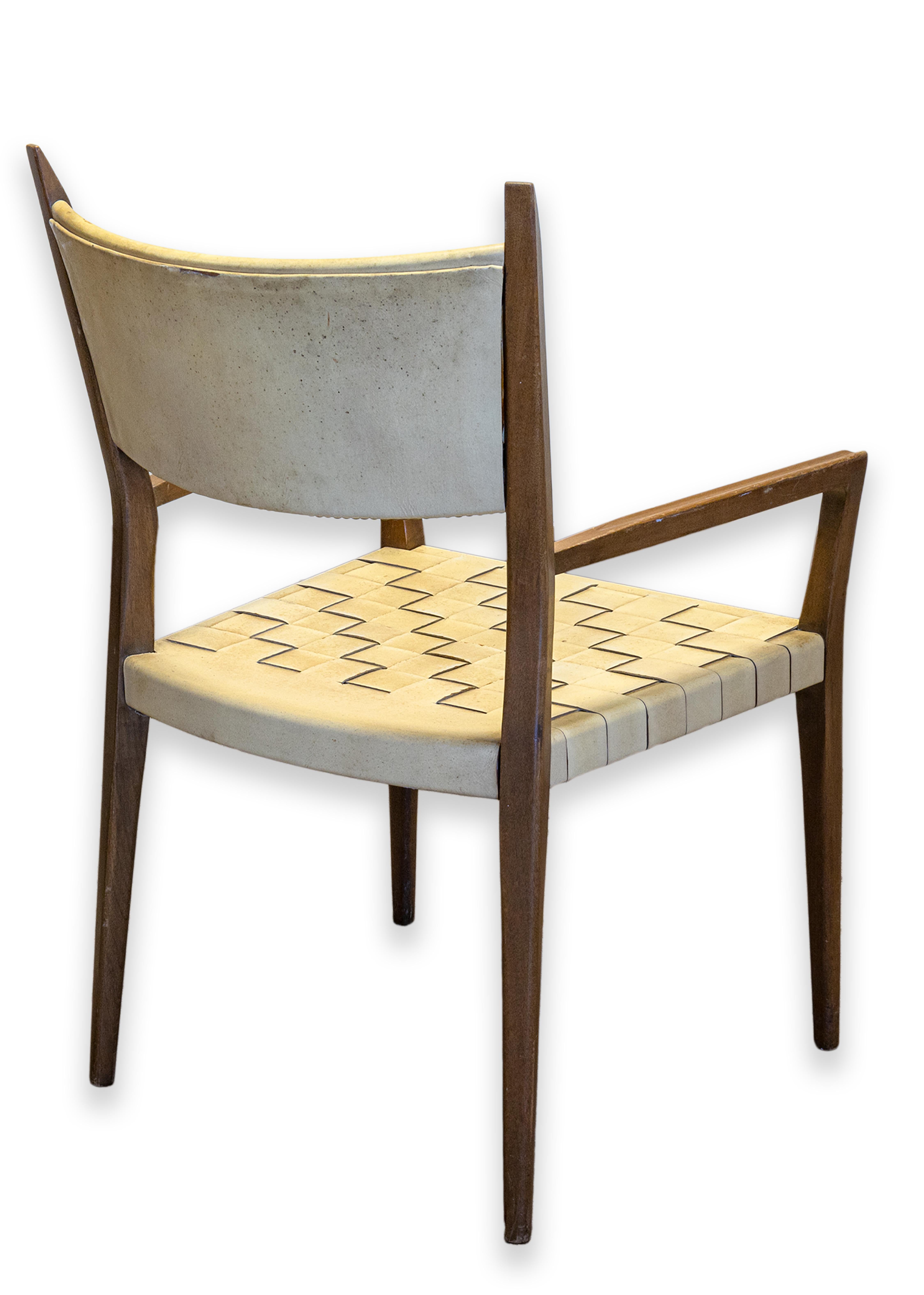Paul McCobb Protype III Armchair for Calvin Furniture Co. Woven Leather & Wood In Good Condition For Sale In Keego Harbor, MI
