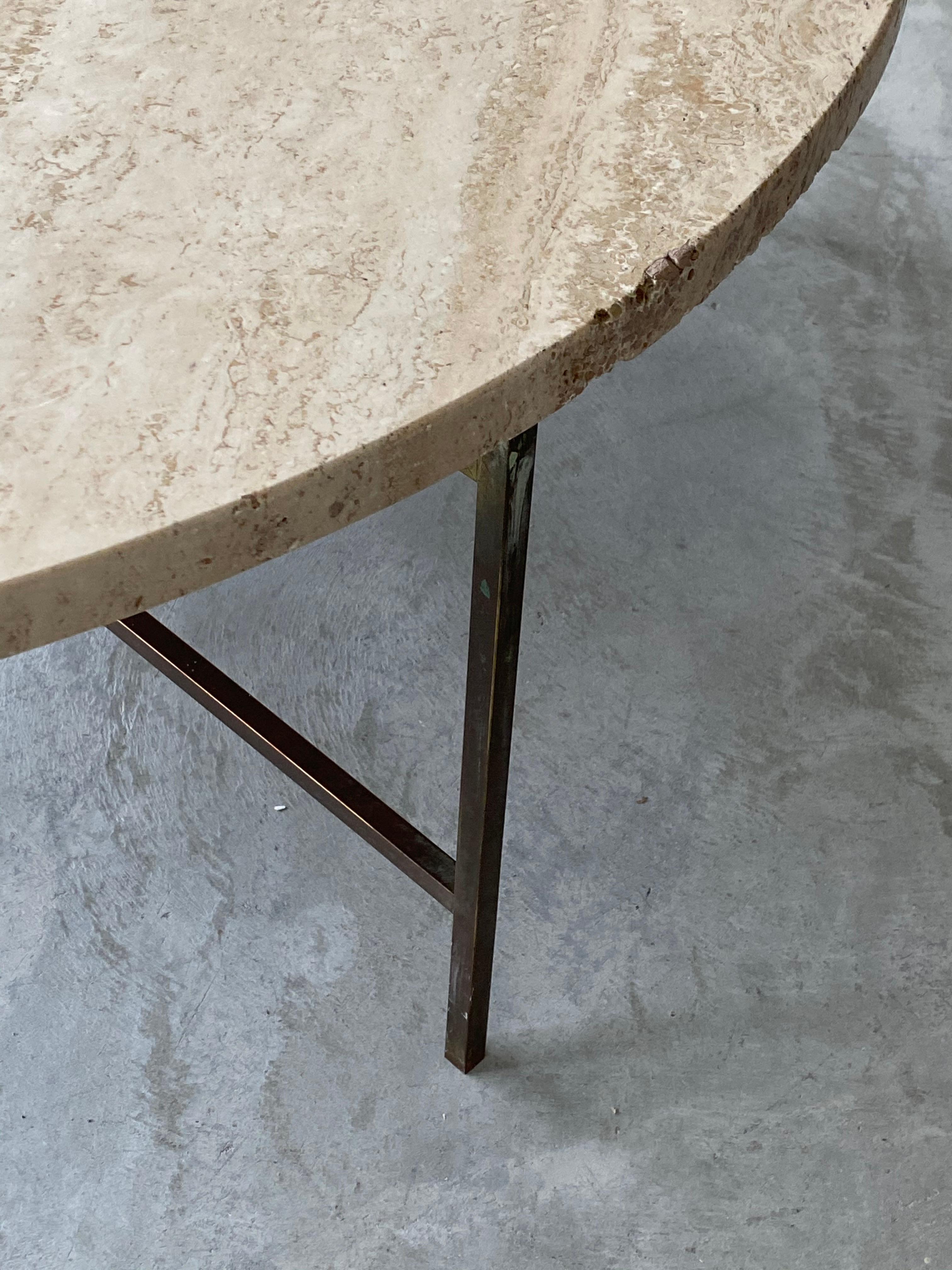 American Paul McCobb, Rare Sizable Cocktail Table, Brass, Travertine for Calvin Furniture