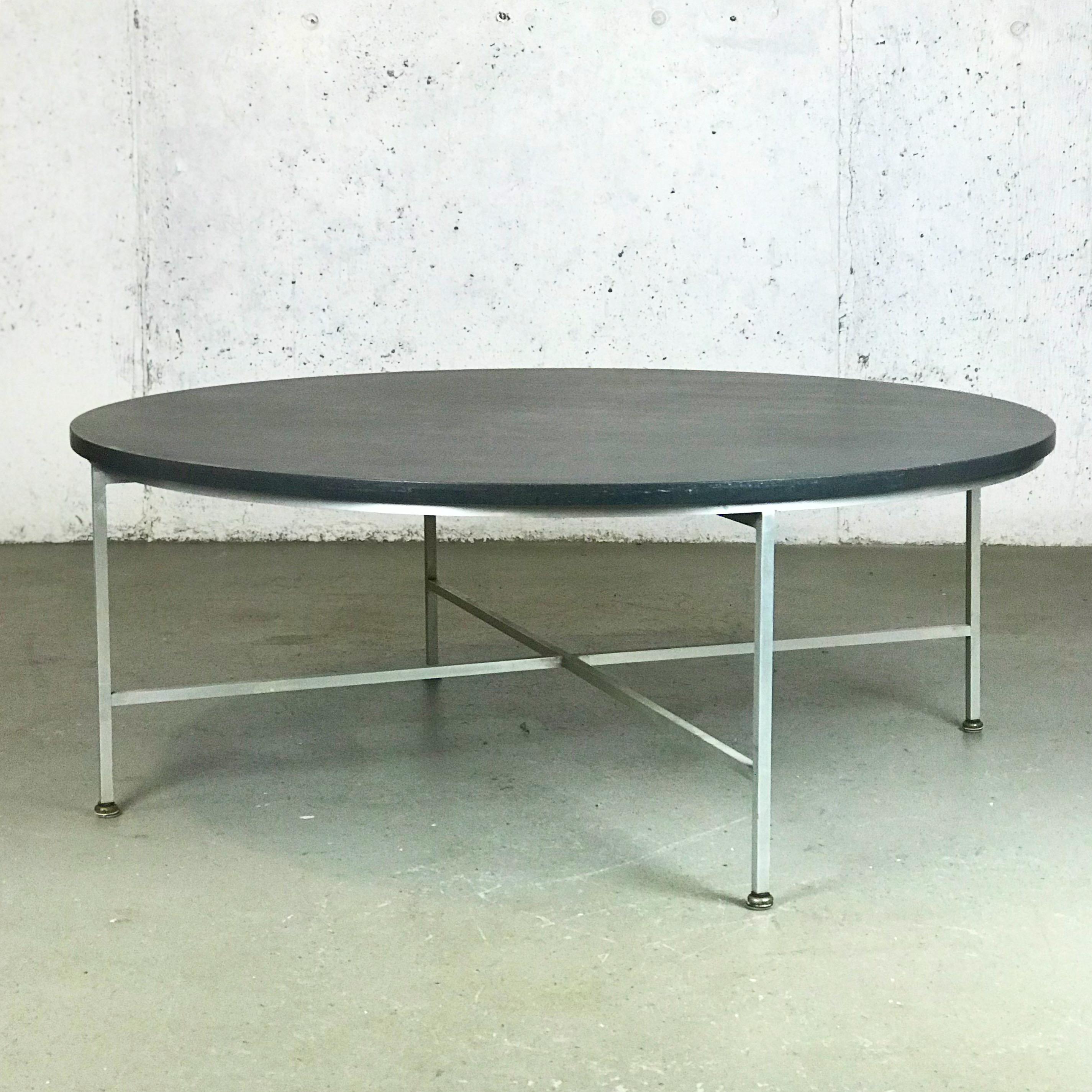 Aluminum frame Paul McCobb X-base coffee table for Directional; Calvin line. Very rare aluminum frame and slate top construction, 1950s. The aluminum base is in good shape - no bends and no tarnish/pitting - just minor nicks here and there. The