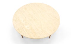 Paul McCobb Round Coffee Table, Travertine, Walnut, and Brass Cross Stretchers