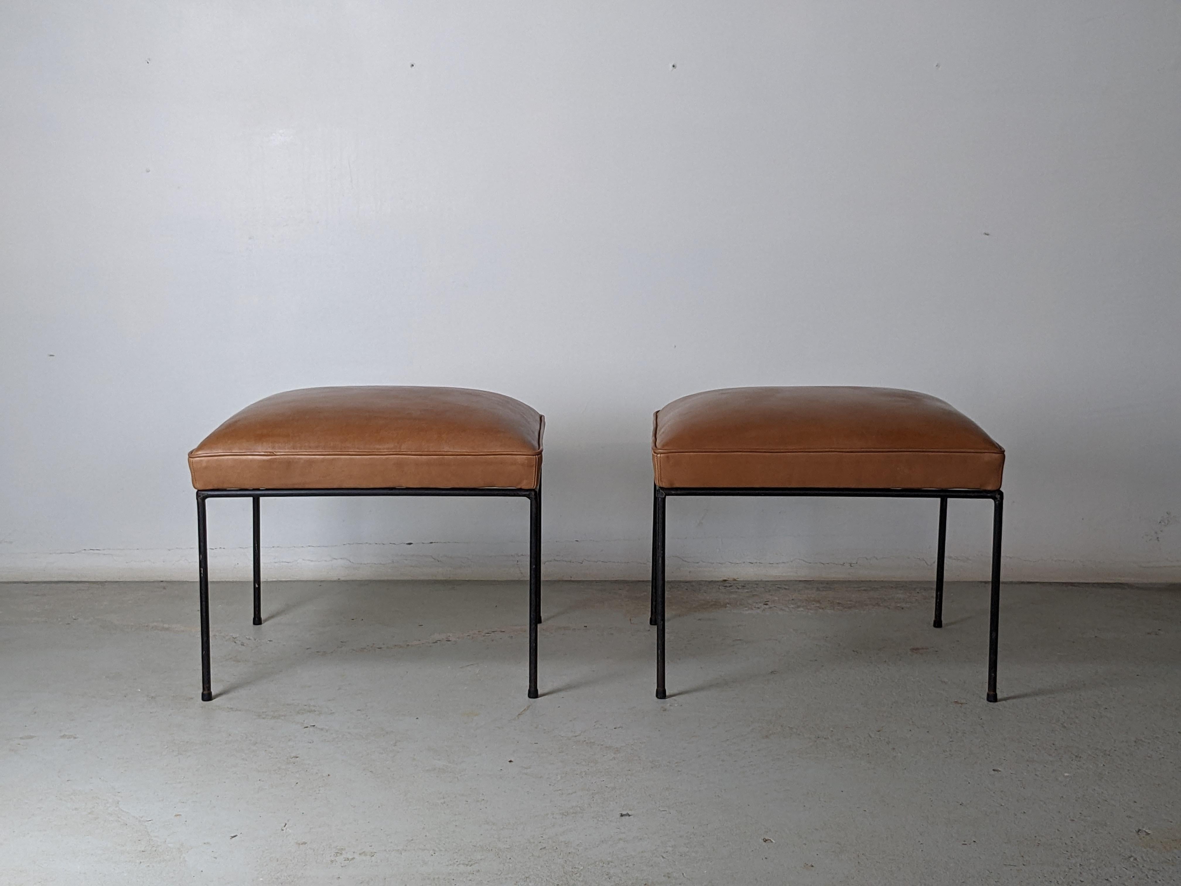Mid-Century Modern Paul McCobb Set of Two Mid-Century Iron Stools with New Leather Upholstery For Sale