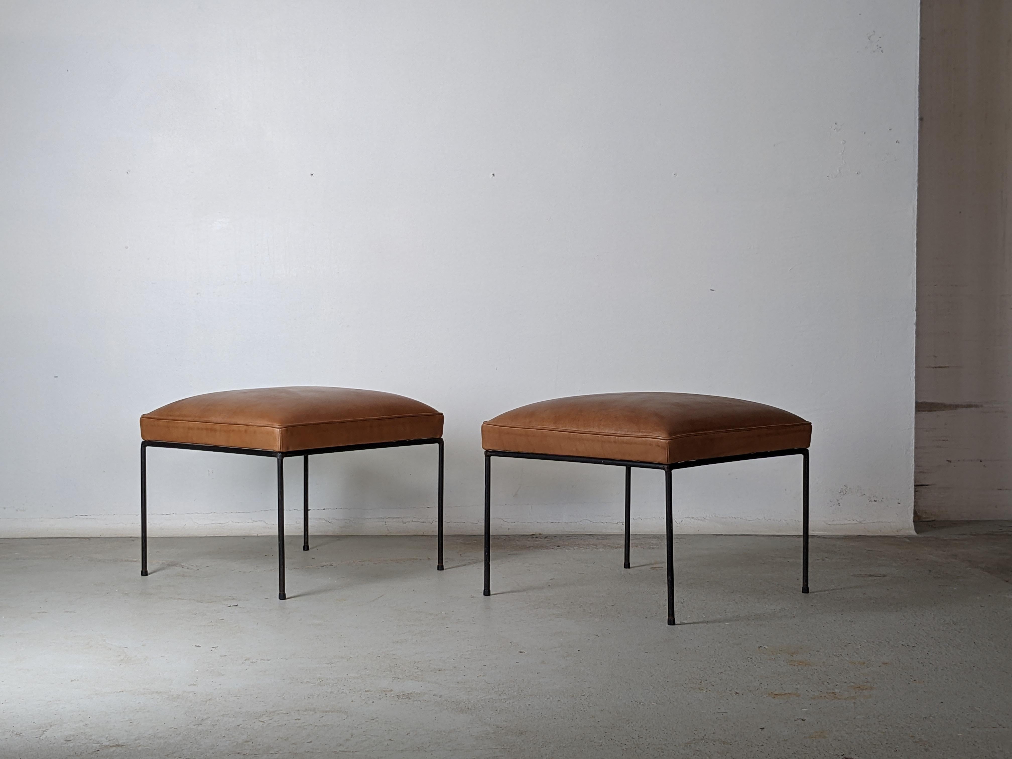 American Paul McCobb Set of Two Mid-Century Iron Stools with New Leather Upholstery For Sale
