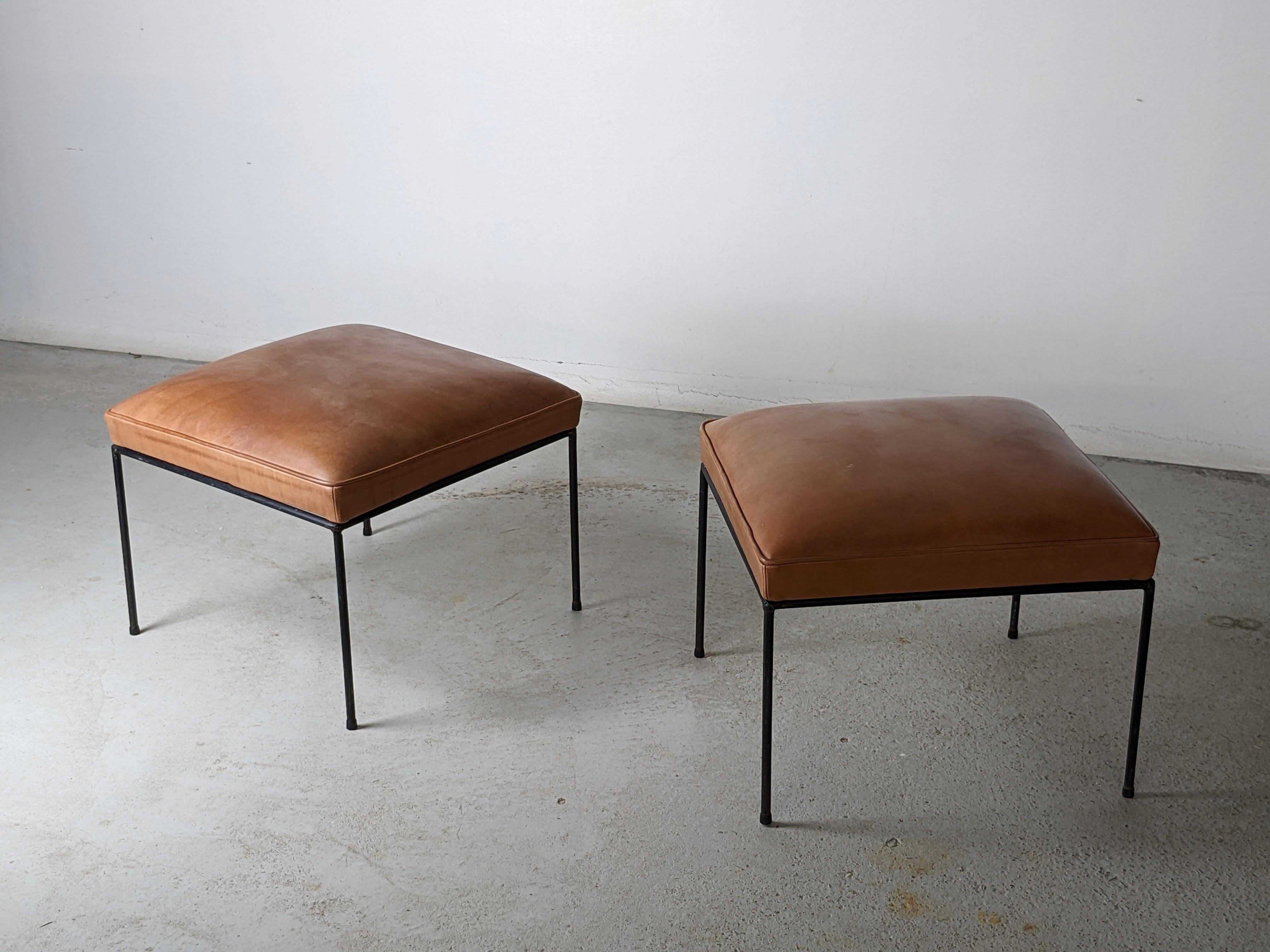 Mid-20th Century Paul McCobb Set of Two Mid-Century Iron Stools with New Leather Upholstery For Sale