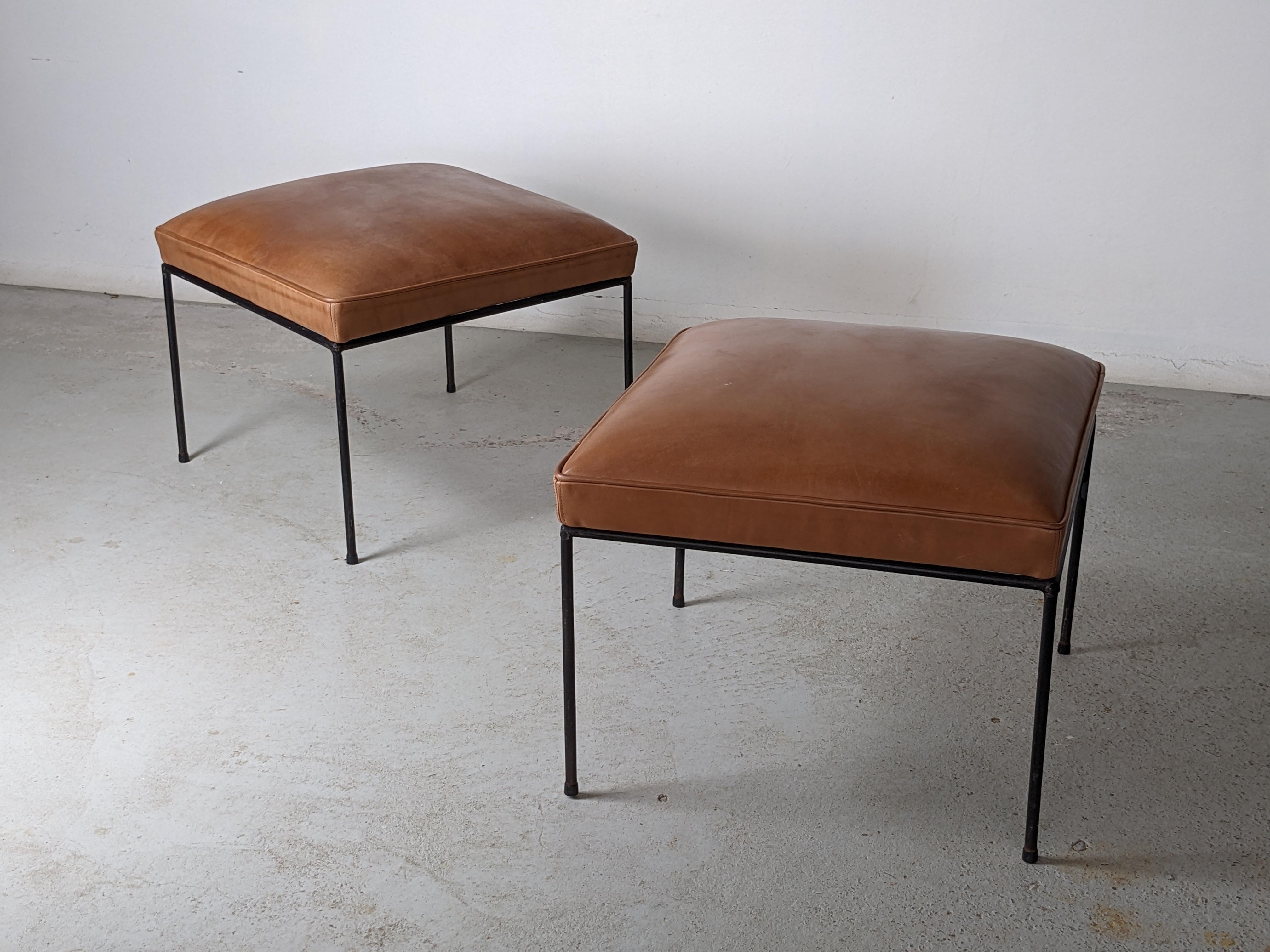Paul McCobb Set of Two Mid-Century Iron Stools with New Leather Upholstery For Sale 1
