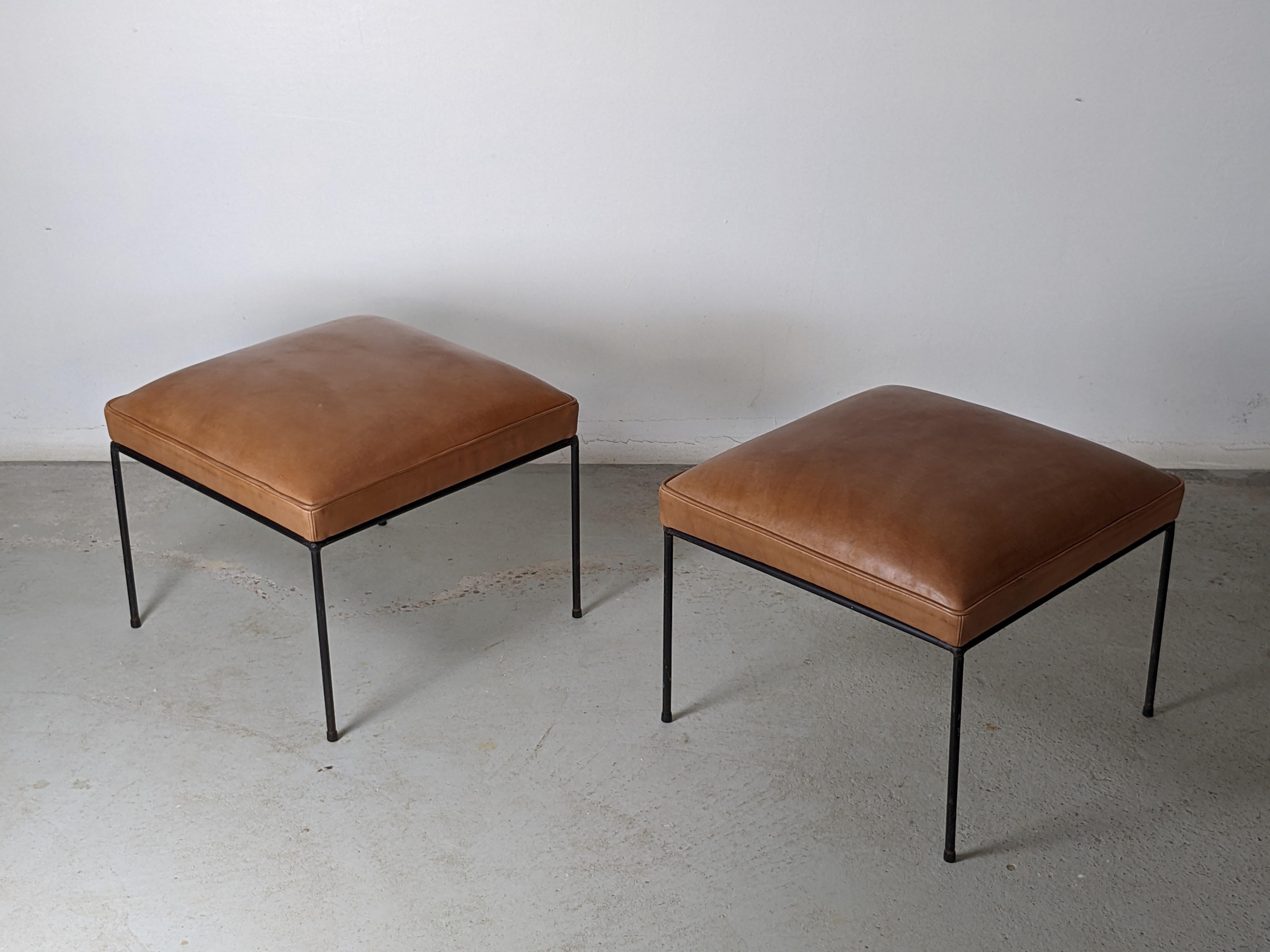 Paul McCobb Set of Two Mid-Century Iron Stools with New Leather Upholstery For Sale 2