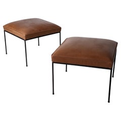 Paul McCobb Set of Two Mid-Century Iron Stools with New Leather Upholstery