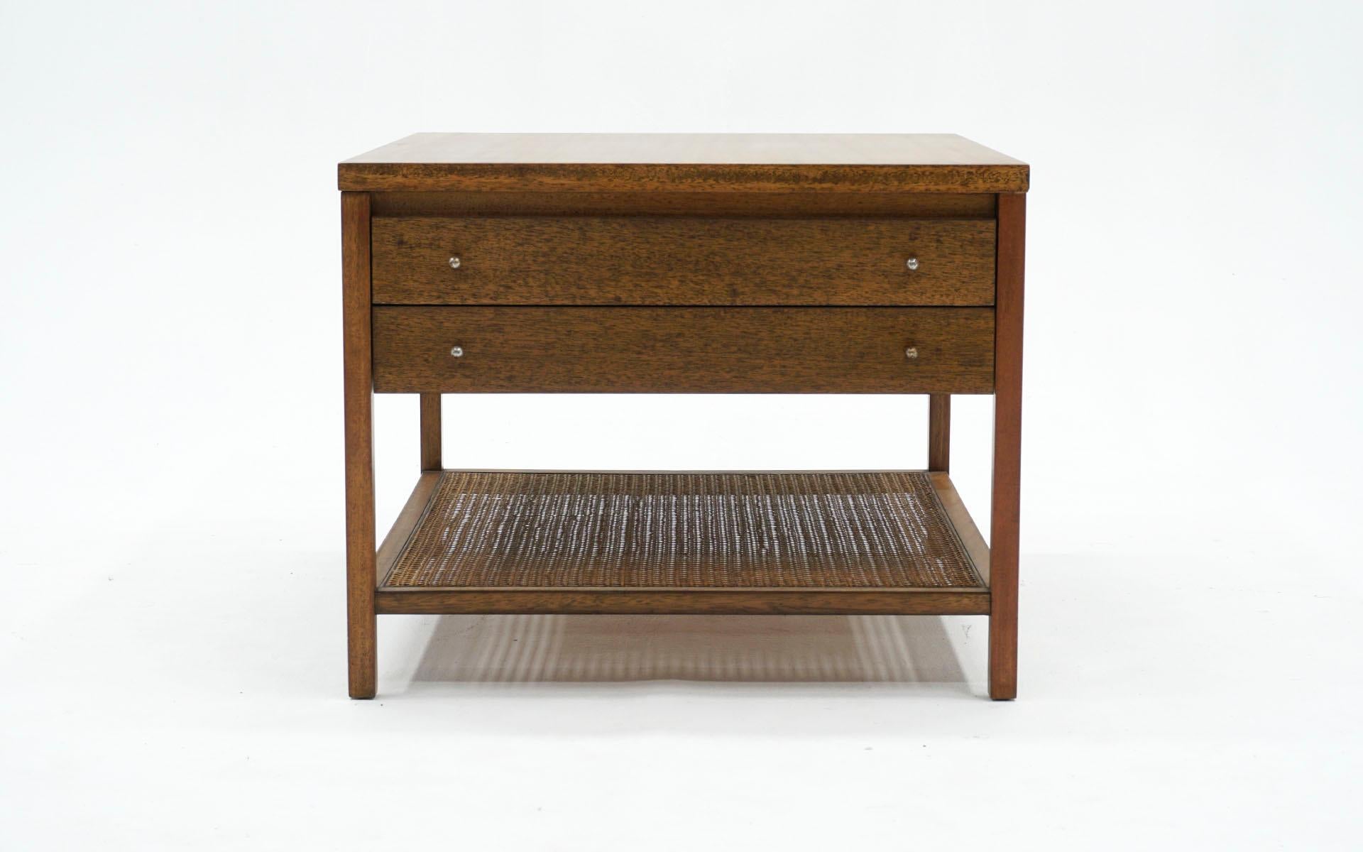 Mid-Century Modern Paul McCobb Side Table / Nightstand, Two Drawers, Cane Shelf, Original Pulls