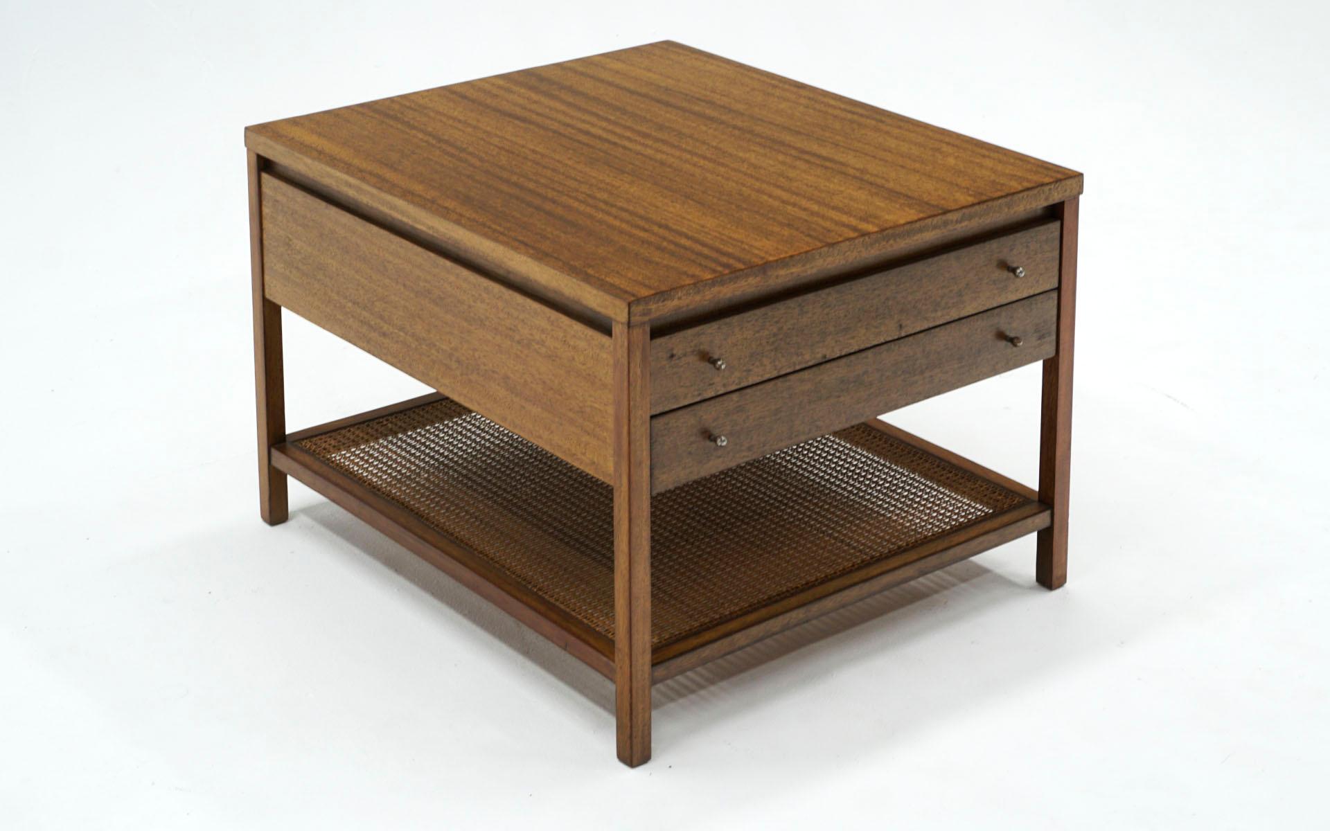American Paul McCobb Side Table / Nightstand, Two Drawers, Cane Shelf, Original Pulls