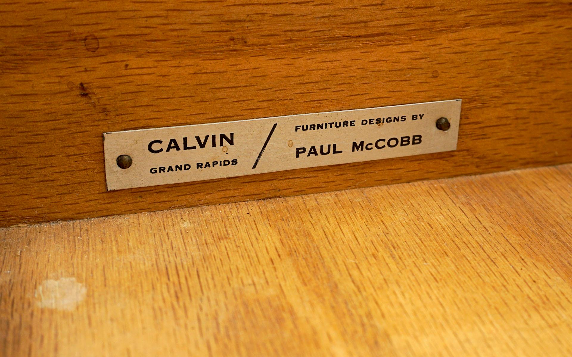 Paul McCobb Side Table / Nightstand, Two Drawers, Cane Shelf, Original Pulls 2